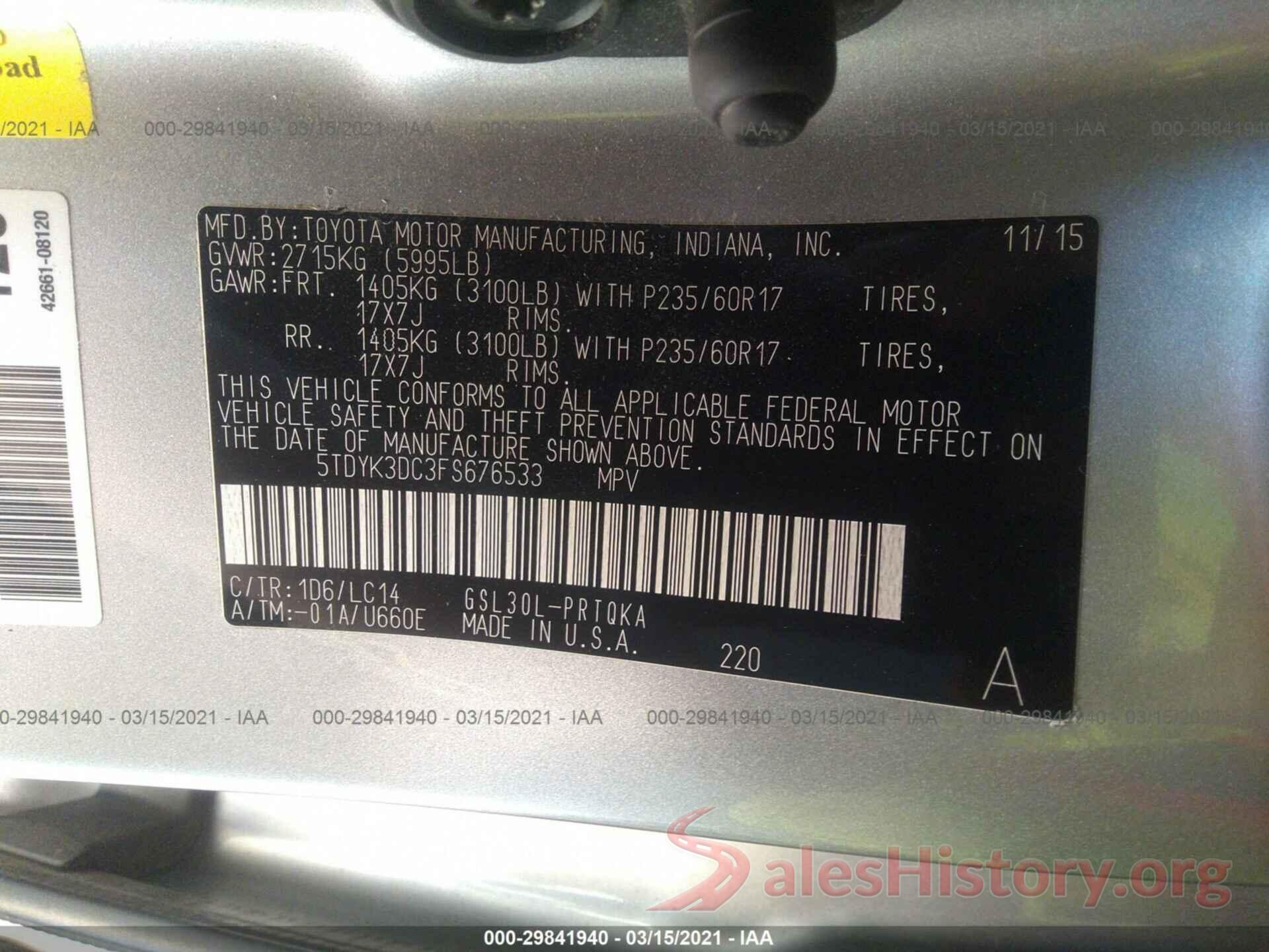 5TDYK3DC3FS676533 2015 TOYOTA SIENNA