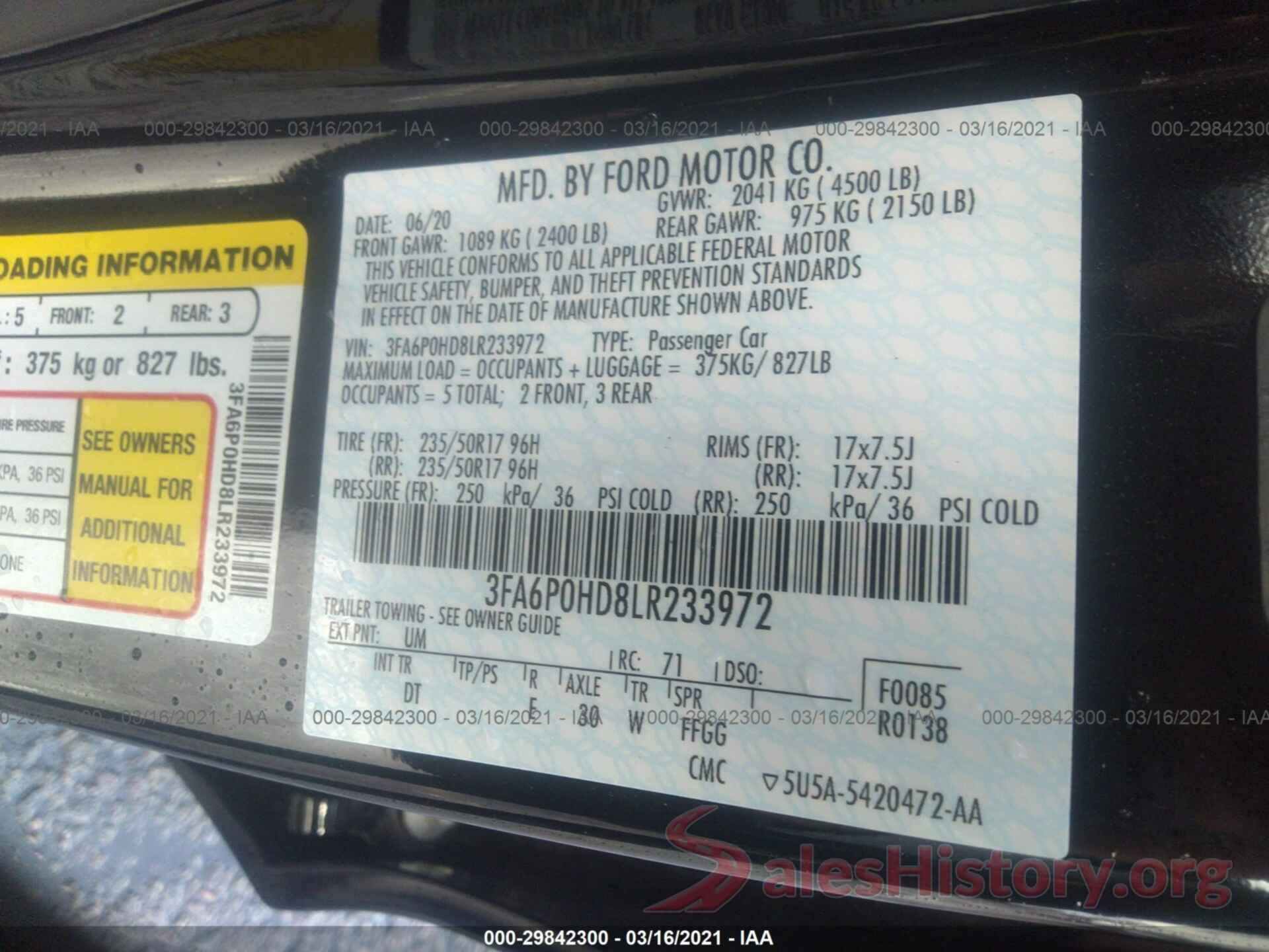 3FA6P0HD8LR233972 2020 FORD FUSION