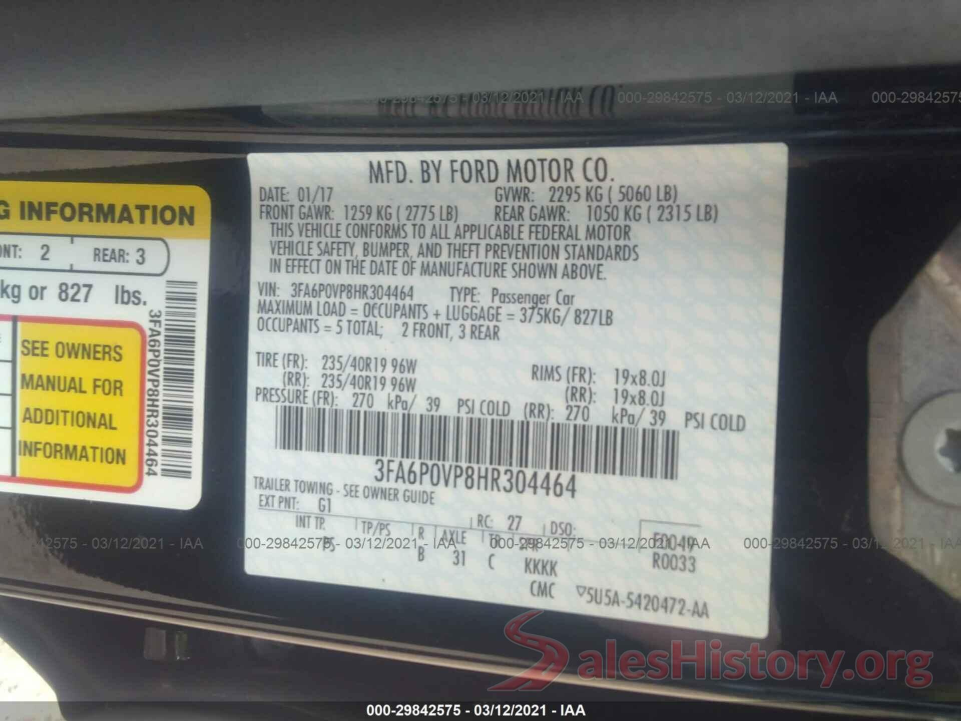 3FA6P0VP8HR304464 2017 FORD FUSION