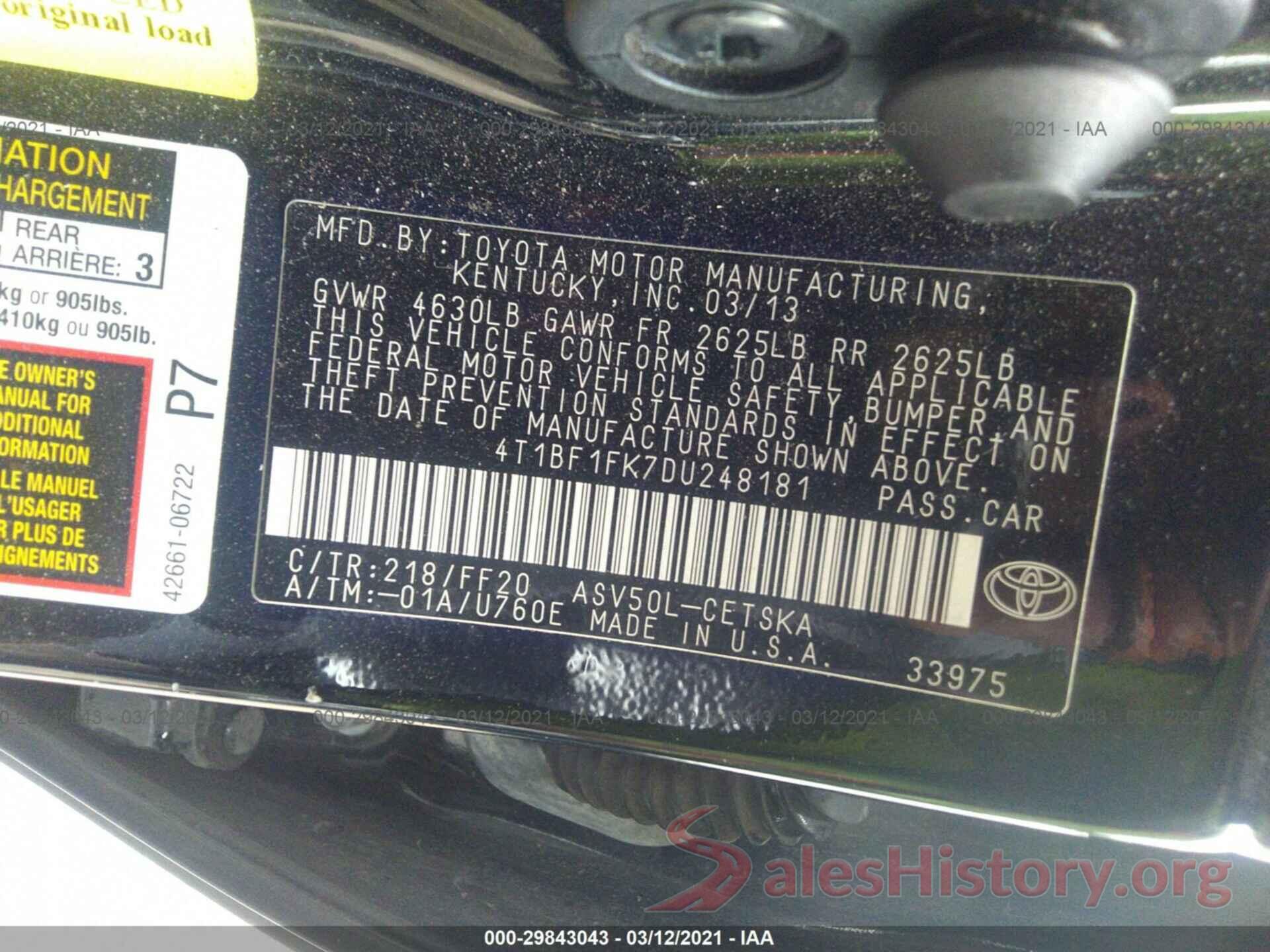 4T1BF1FK7DU248181 2013 TOYOTA CAMRY