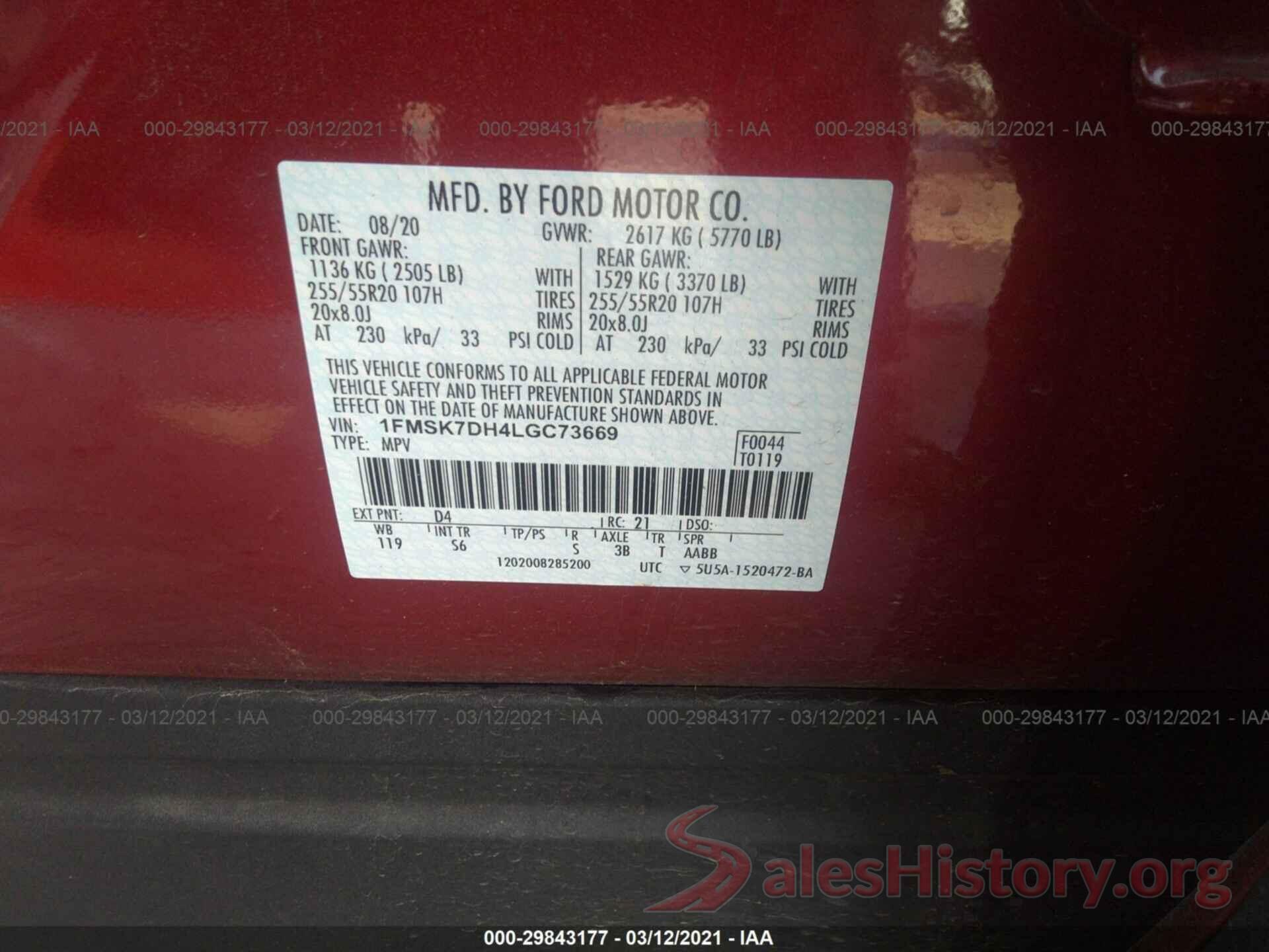 1FMSK7DH4LGC73669 2020 FORD EXPLORER