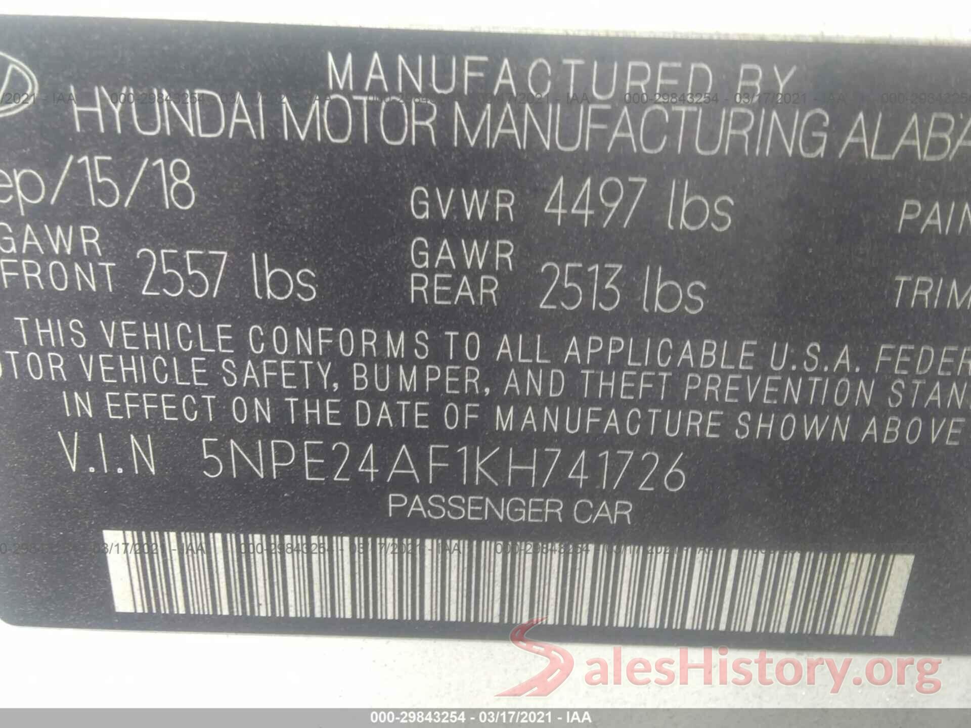 5NPE24AF1KH741726 2019 HYUNDAI SONATA