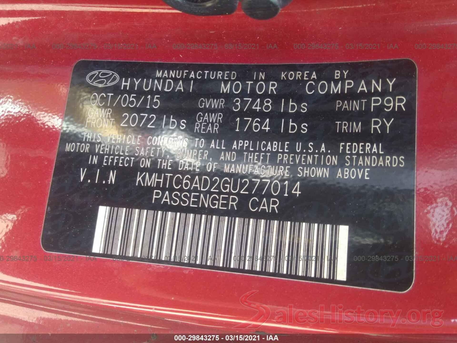 KMHTC6AD2GU277014 2016 HYUNDAI VELOSTER