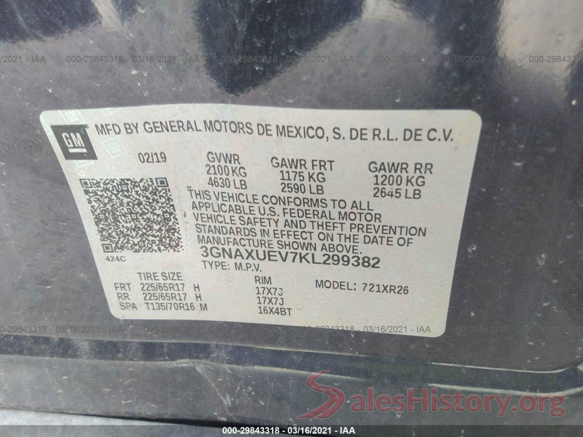 3GNAXUEV7KL299382 2019 CHEVROLET EQUINOX