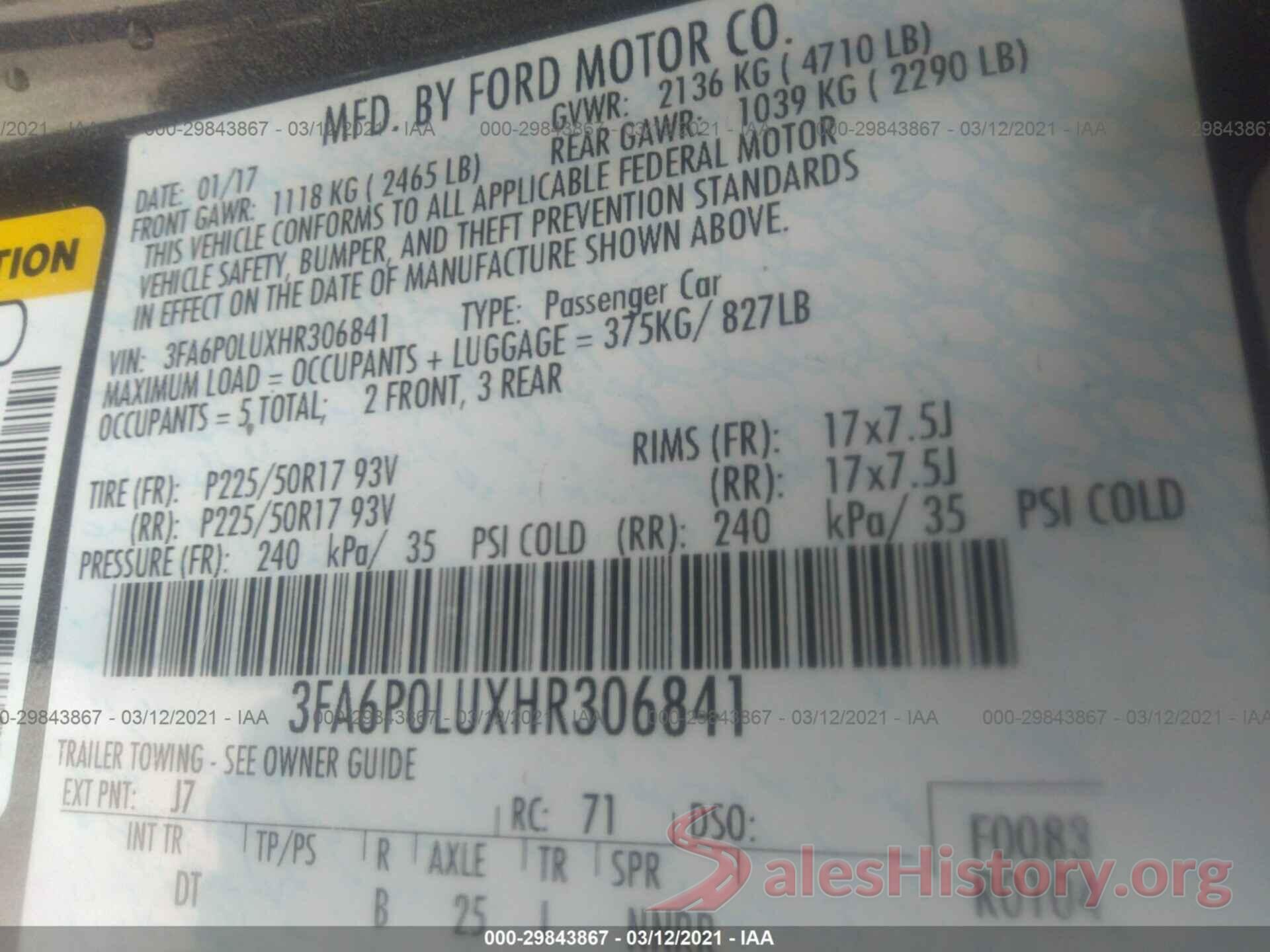 3FA6P0LUXHR306841 2017 FORD FUSION