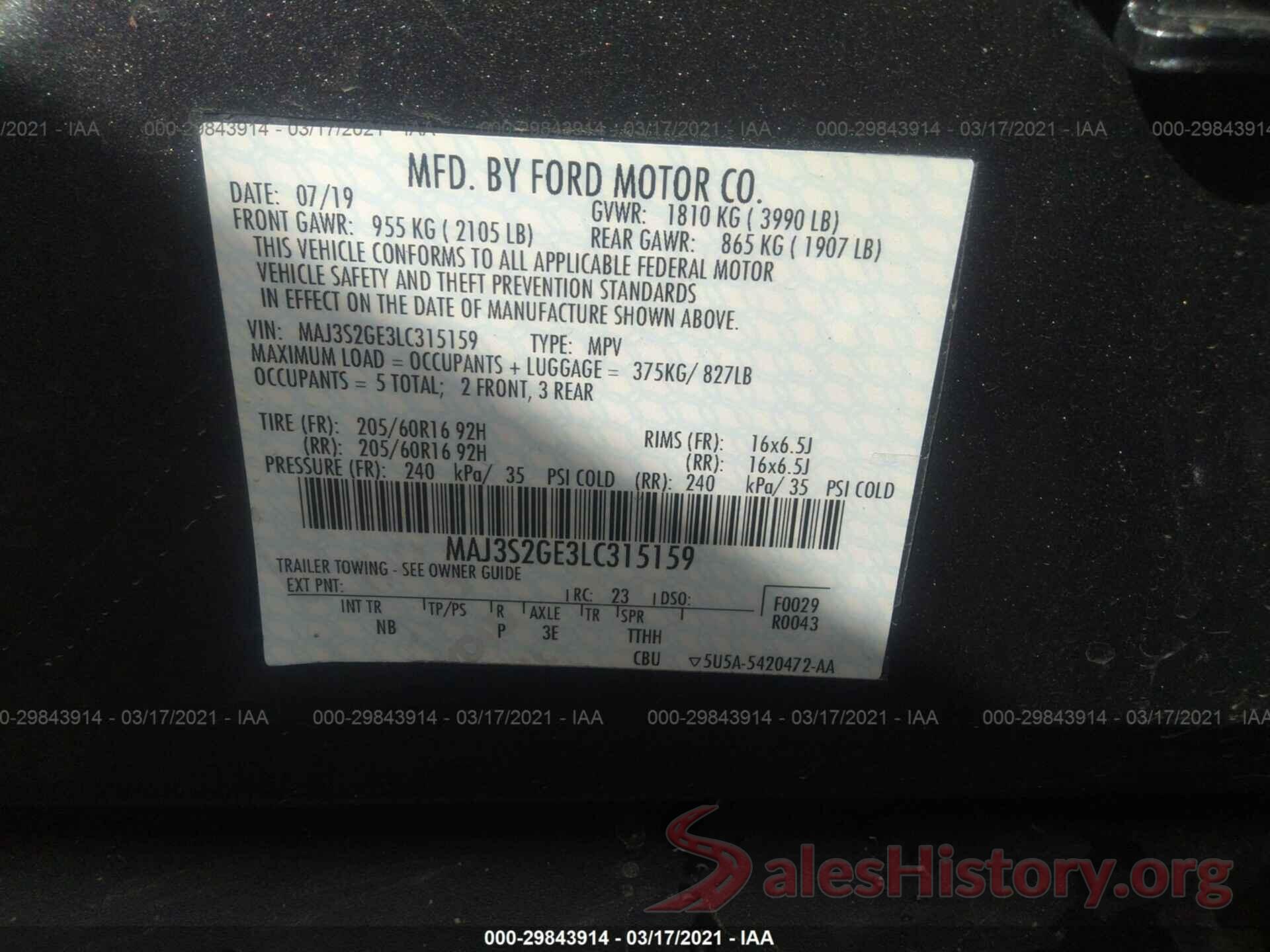 MAJ3S2GE3LC315159 2020 FORD ECOSPORT