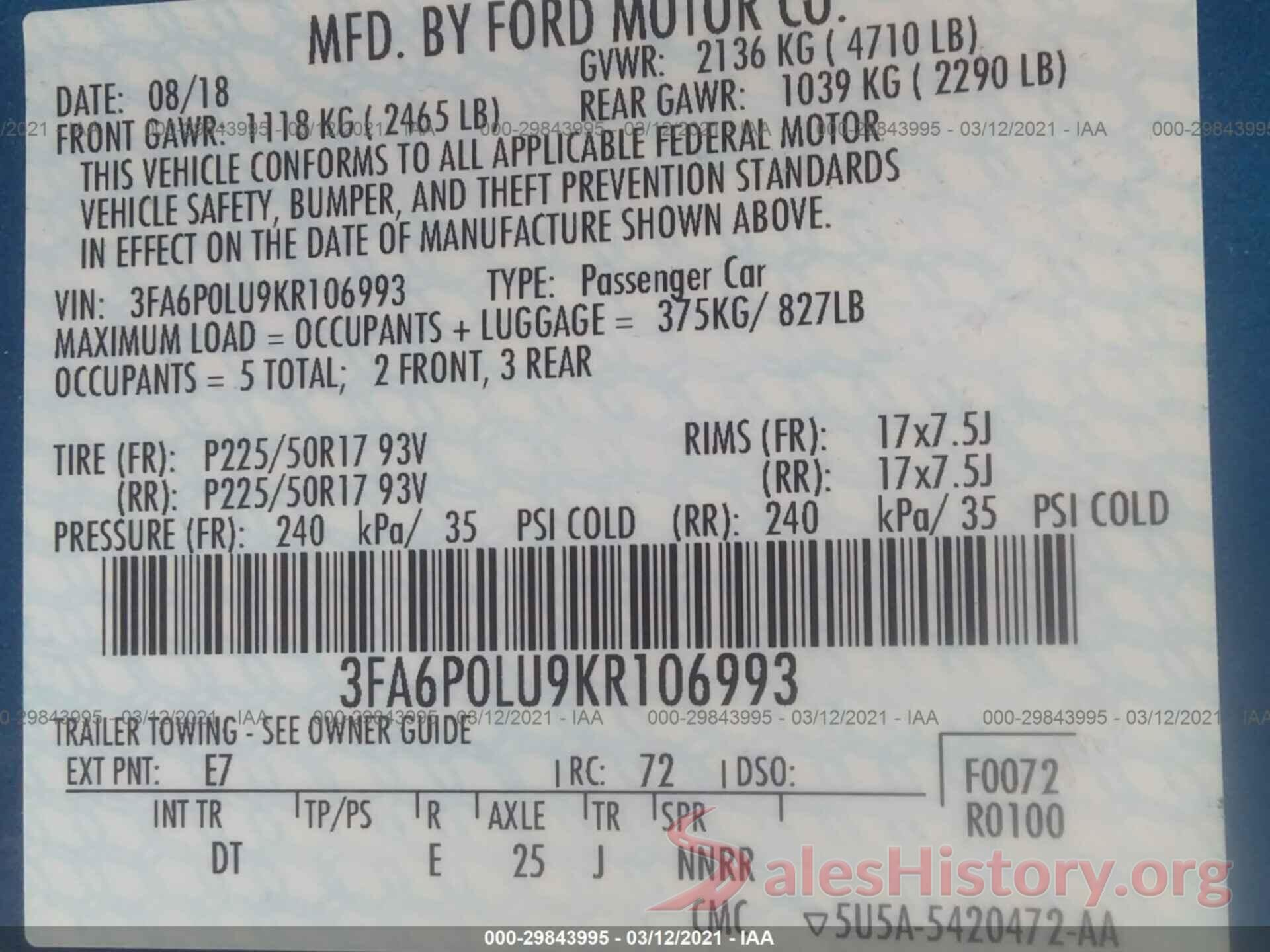 3FA6P0LU9KR106993 2019 FORD FUSION HYBRID