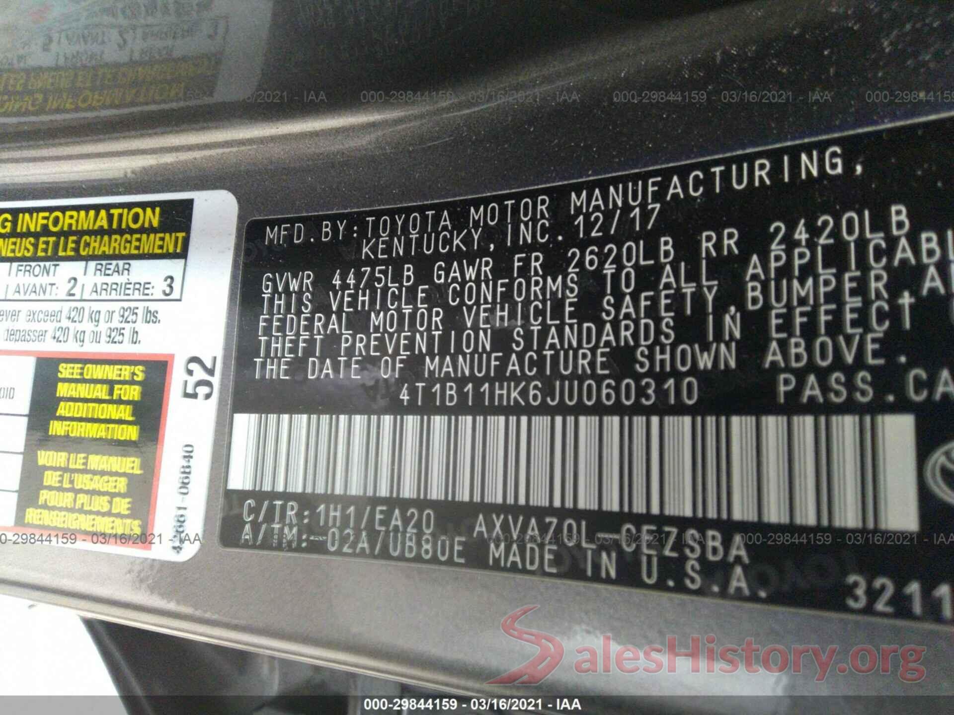 4T1B11HK6JU060310 2018 TOYOTA CAMRY