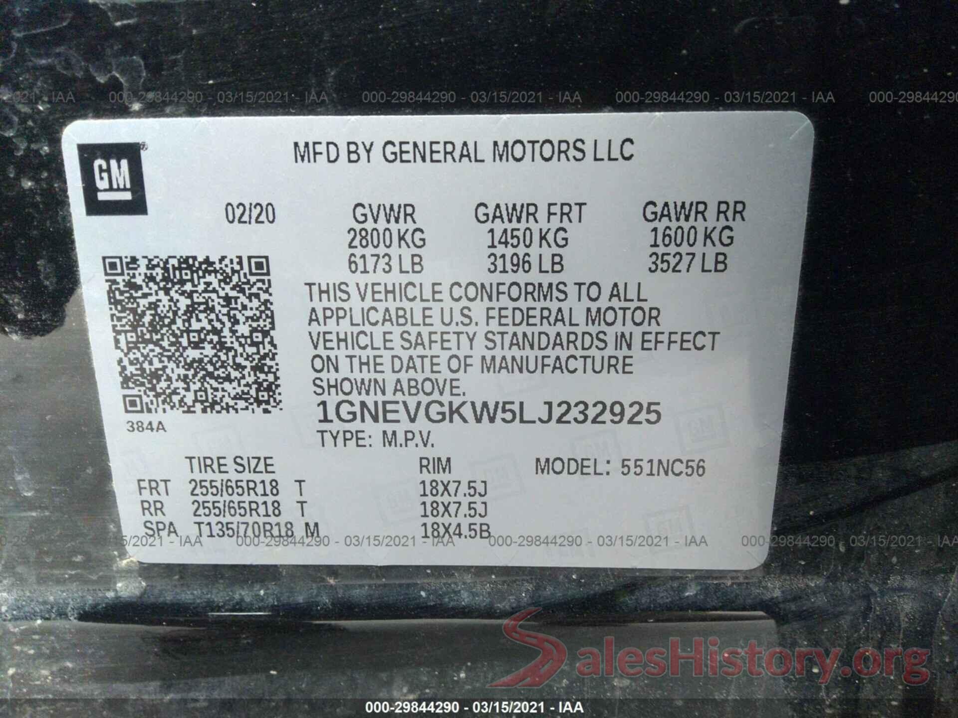 1GNEVGKW5LJ232925 2020 CHEVROLET TRAVERSE