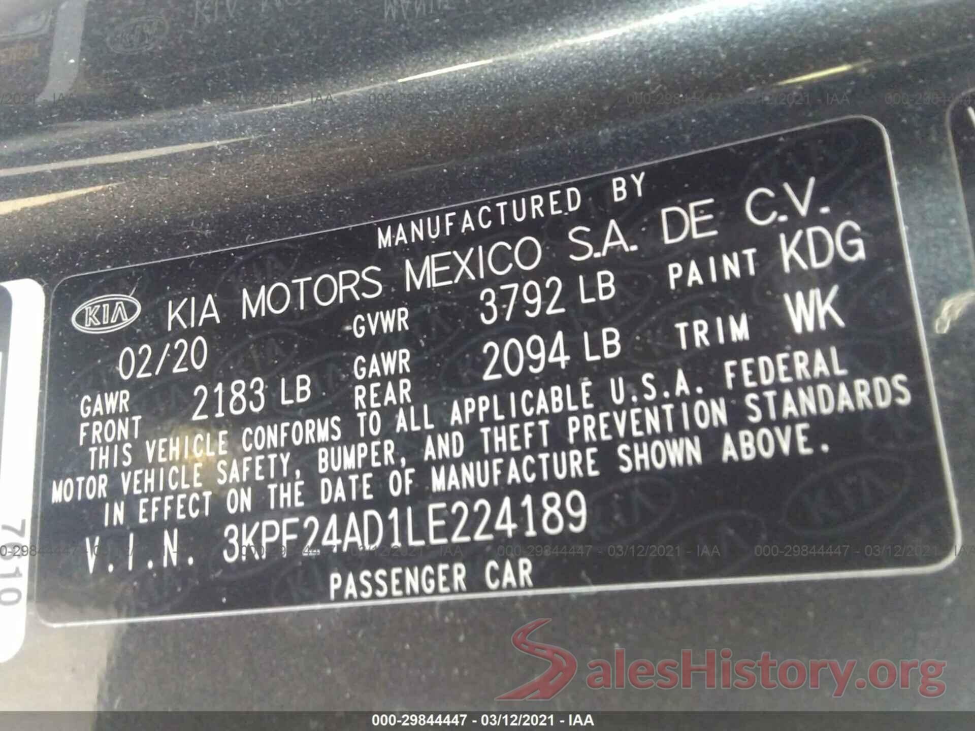 3KPF24AD1LE224189 2020 KIA FORTE