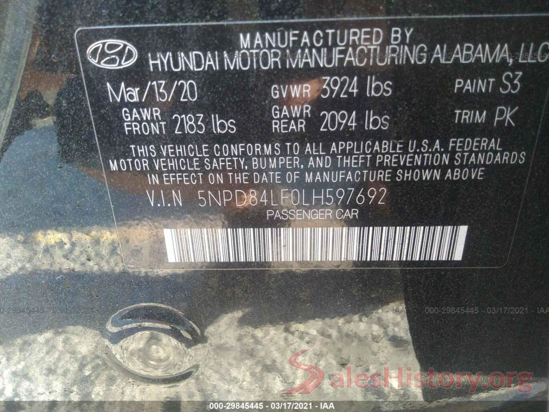 5NPD84LF0LH597692 2020 HYUNDAI ELANTRA