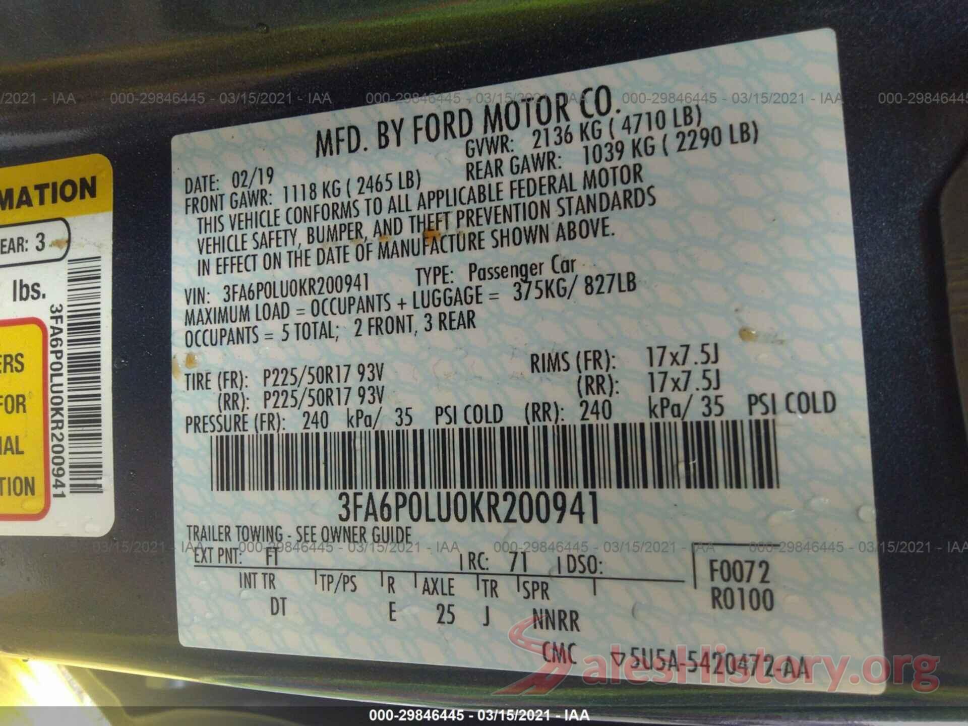 3FA6P0LU0KR200941 2019 FORD FUSION HYBRID