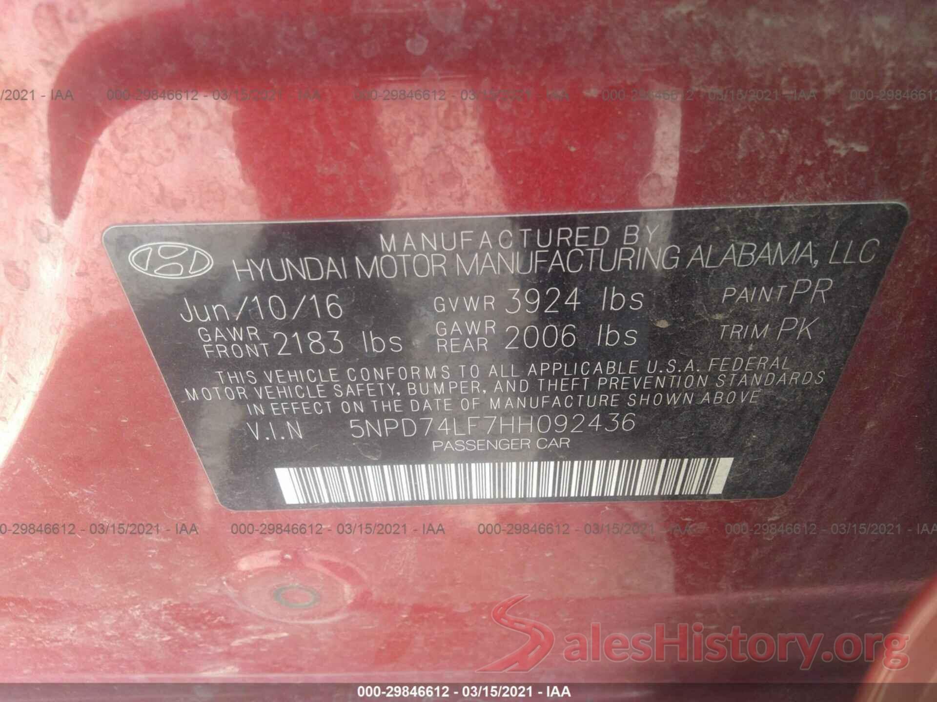 5NPD74LF7HH092436 2017 HYUNDAI ELANTRA