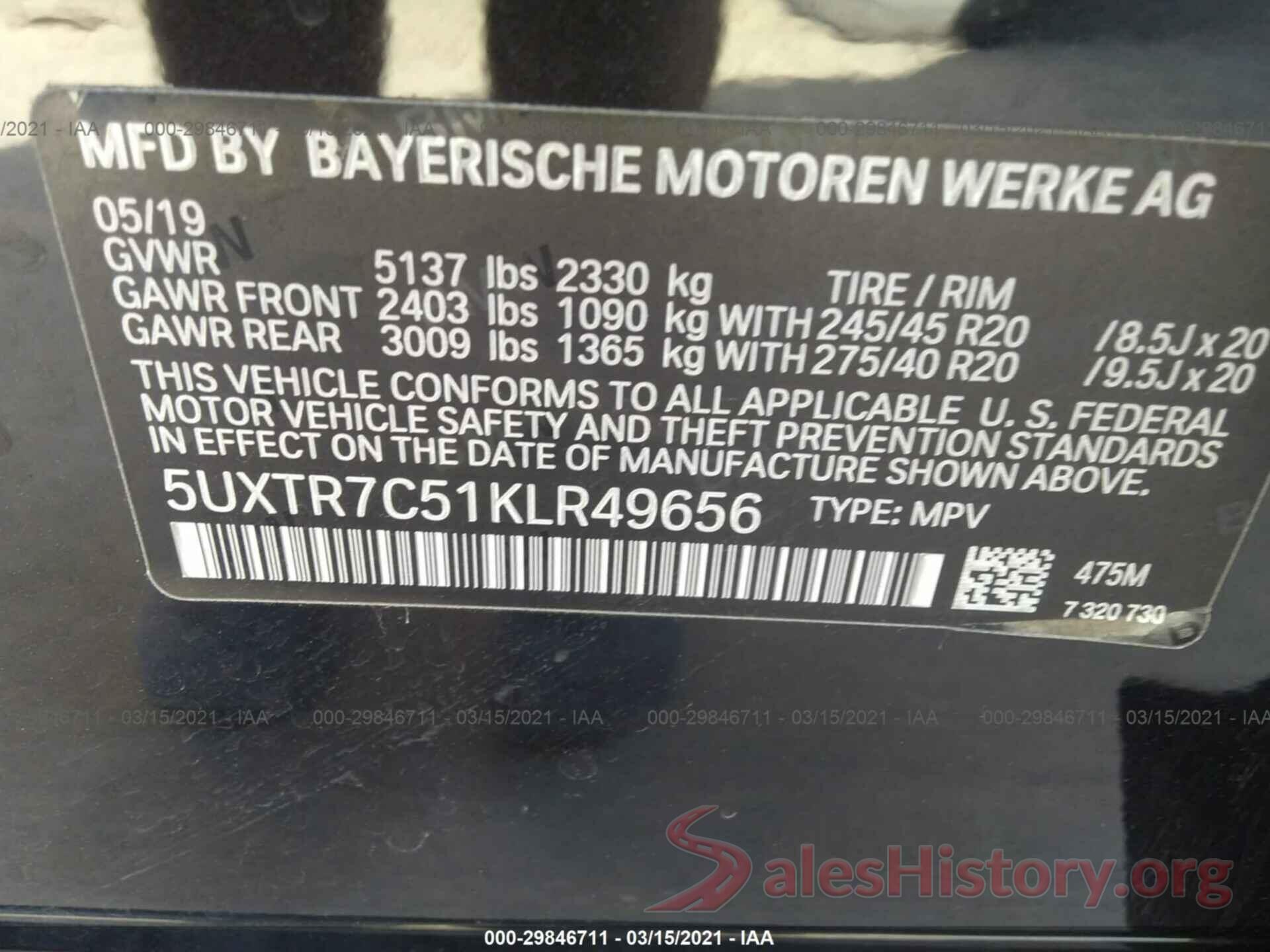 5UXTR7C51KLR49656 2019 BMW X3