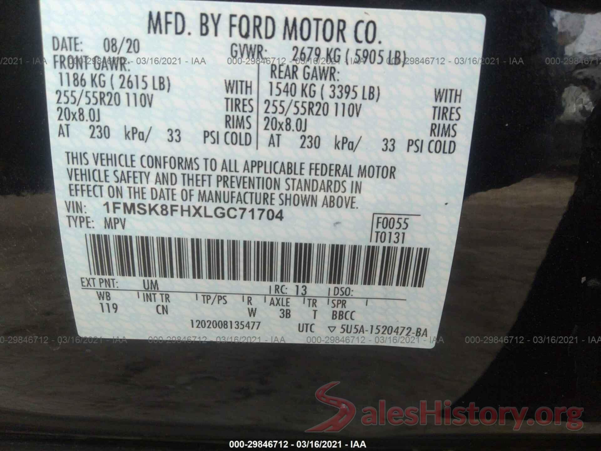 1FMSK8FHXLGC71704 2020 FORD EXPLORER