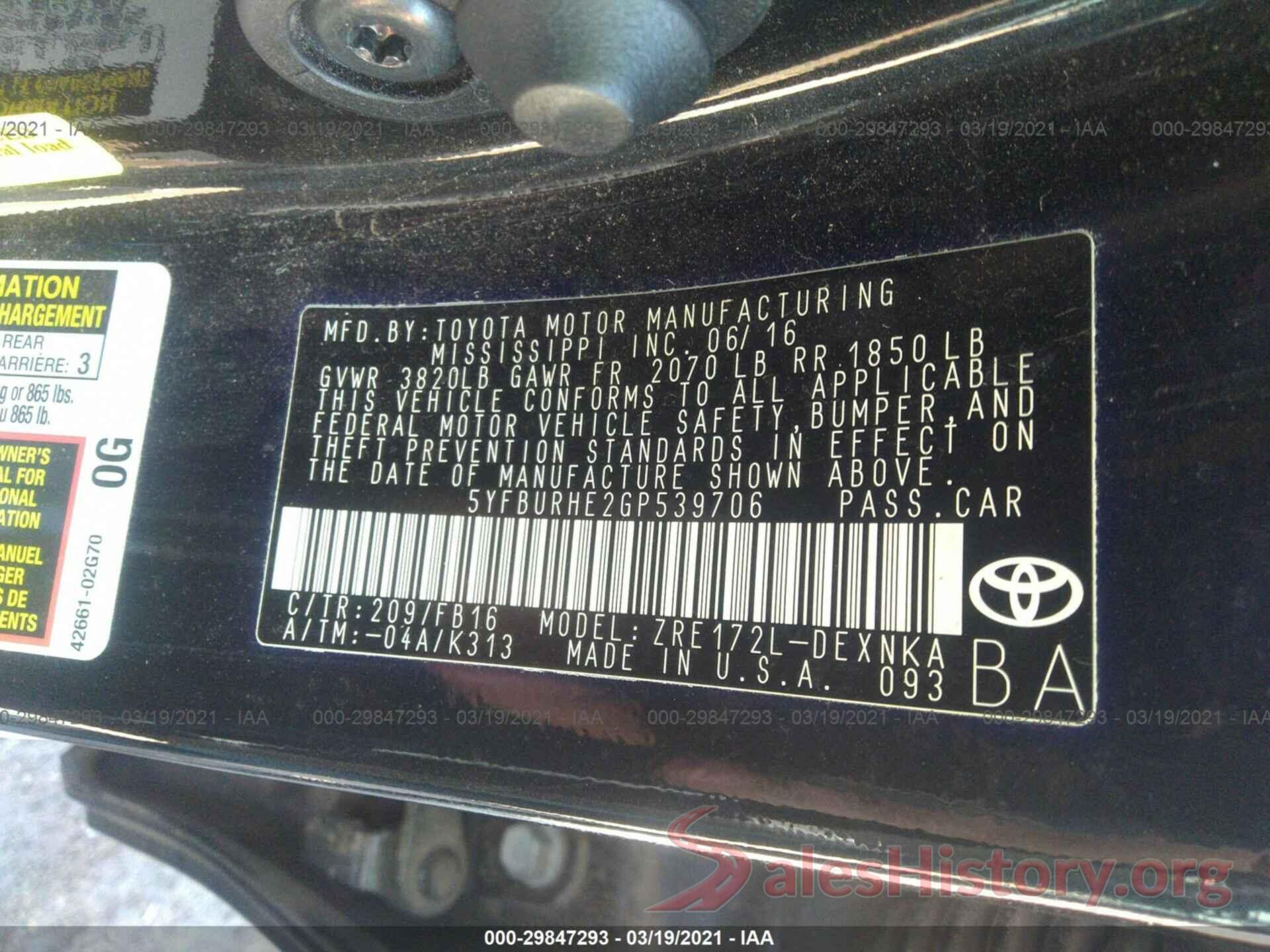 5YFBURHE2GP539706 2016 TOYOTA COROLLA