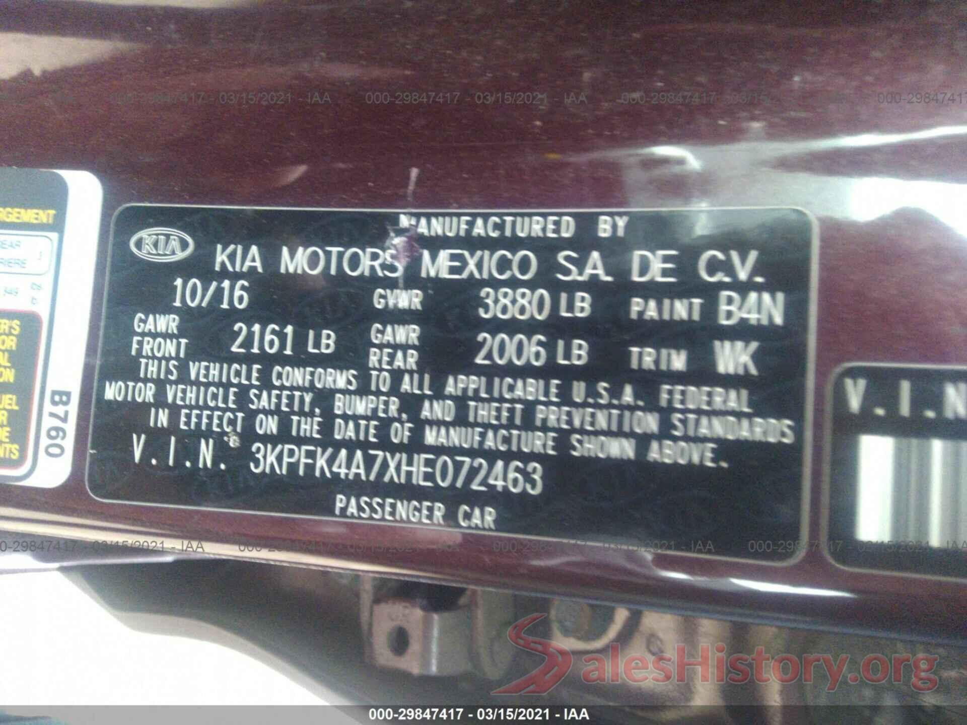 3KPFK4A7XHE072463 2017 KIA FORTE