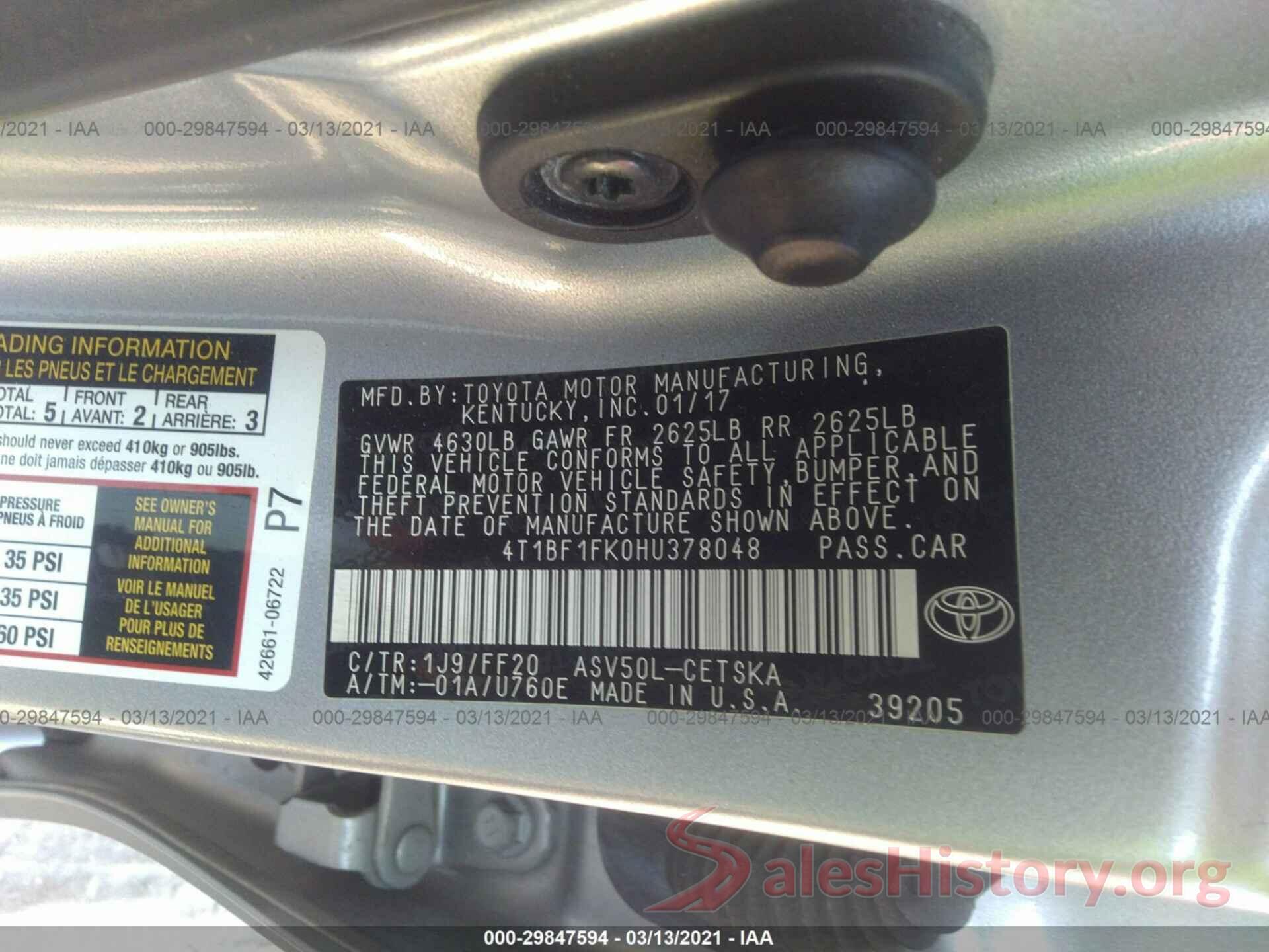 4T1BF1FK0HU378048 2017 TOYOTA CAMRY