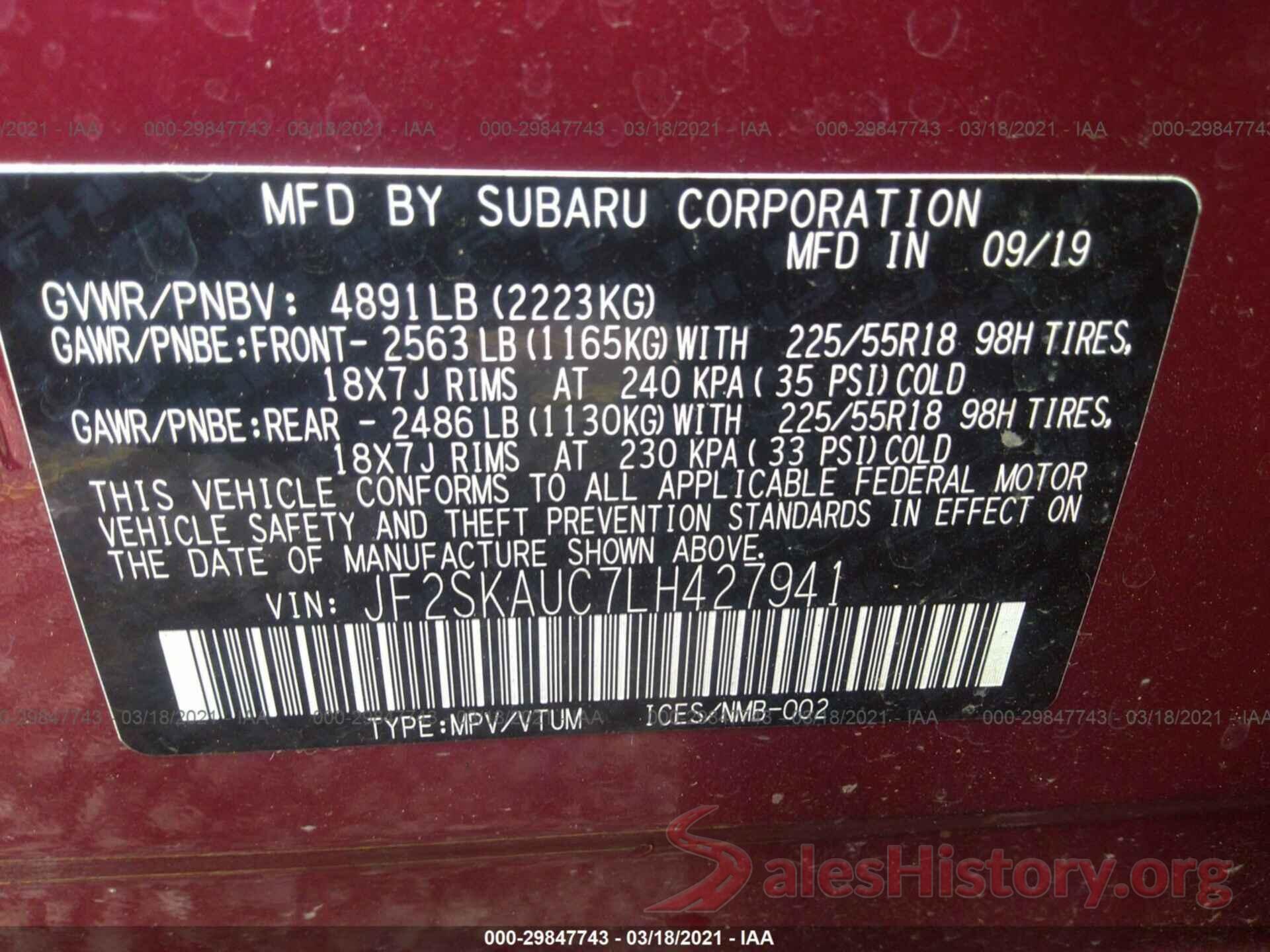 JF2SKAUC7LH427941 2020 SUBARU FORESTER