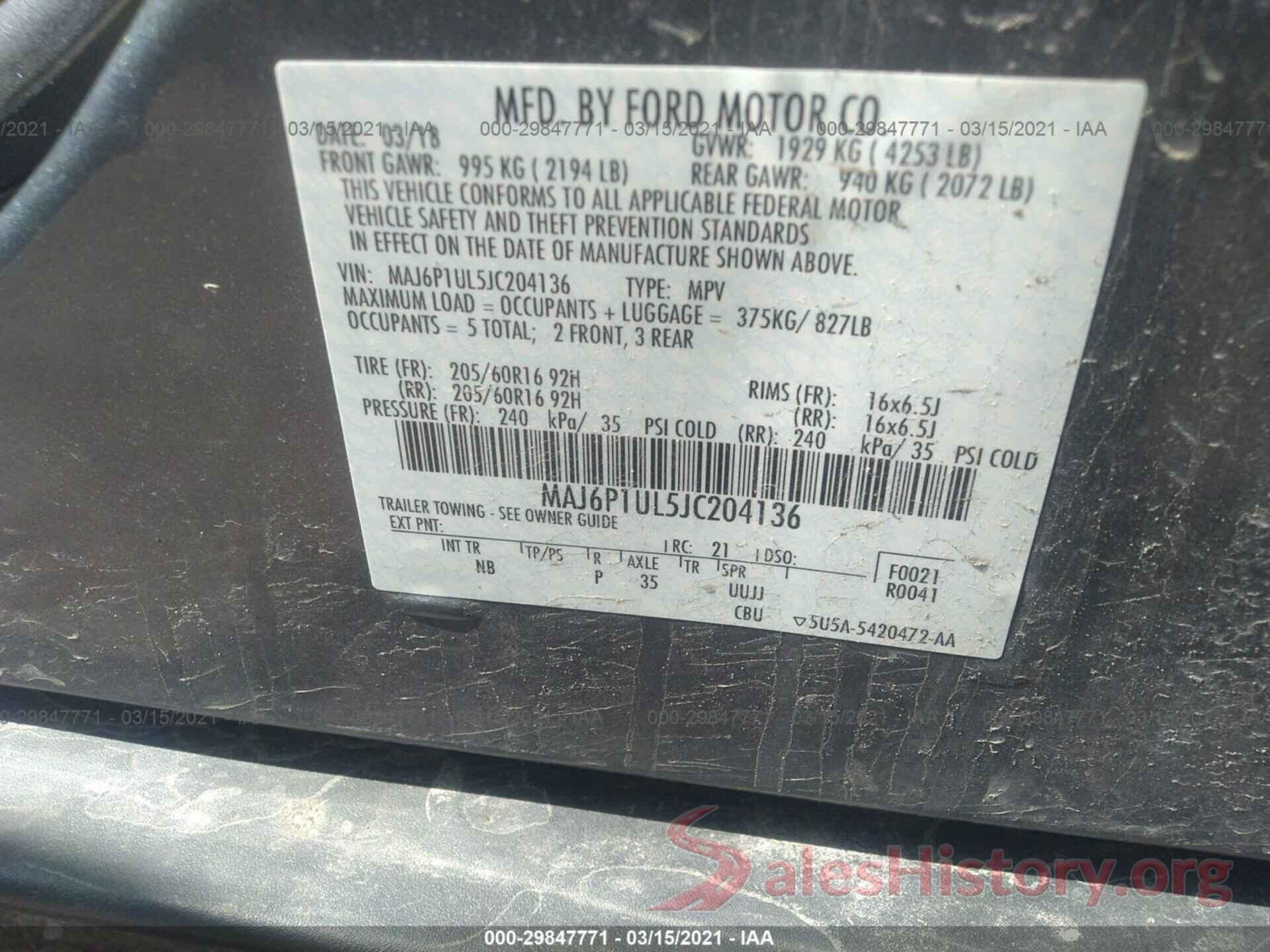 MAJ6P1UL5JC204136 2018 FORD ECOSPORT