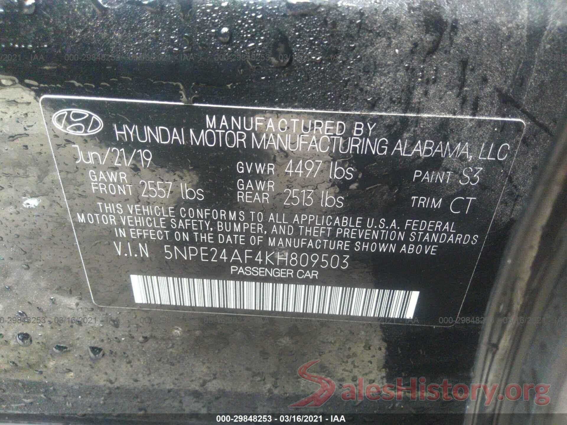 5NPE24AF4KH809503 2019 HYUNDAI SONATA