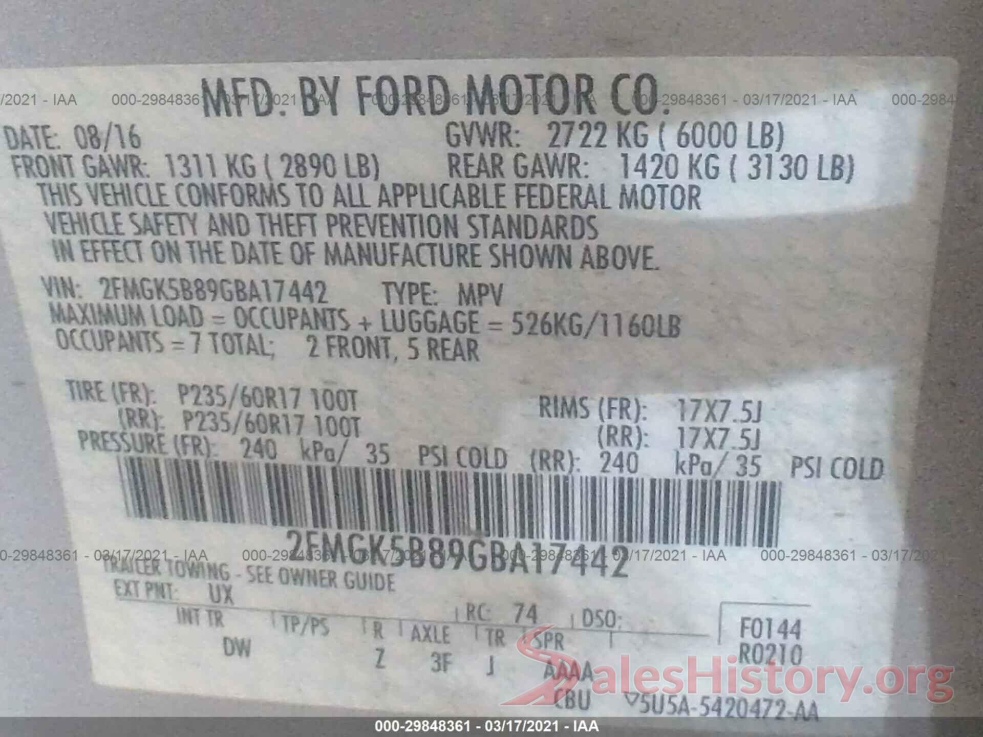 2FMGK5B89GBA17442 2016 FORD FLEX