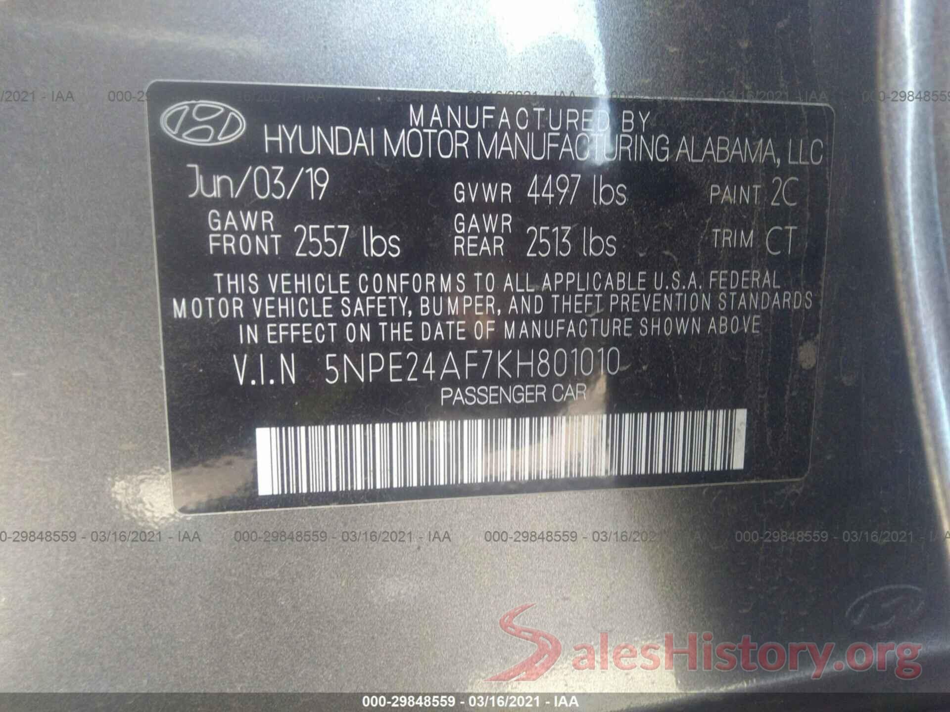 5NPE24AF7KH801010 2019 HYUNDAI SONATA