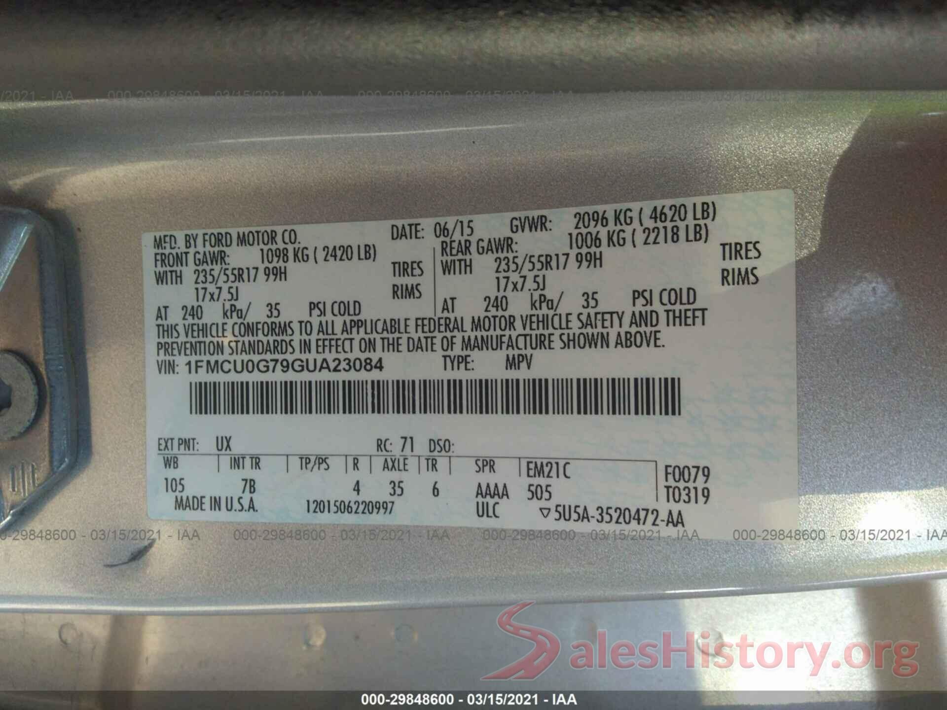 1FMCU0G79GUA23084 2016 FORD ESCAPE