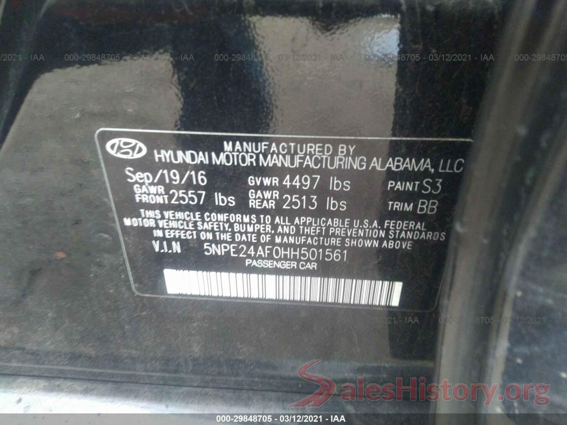 5NPE24AF0HH501561 2017 HYUNDAI SONATA