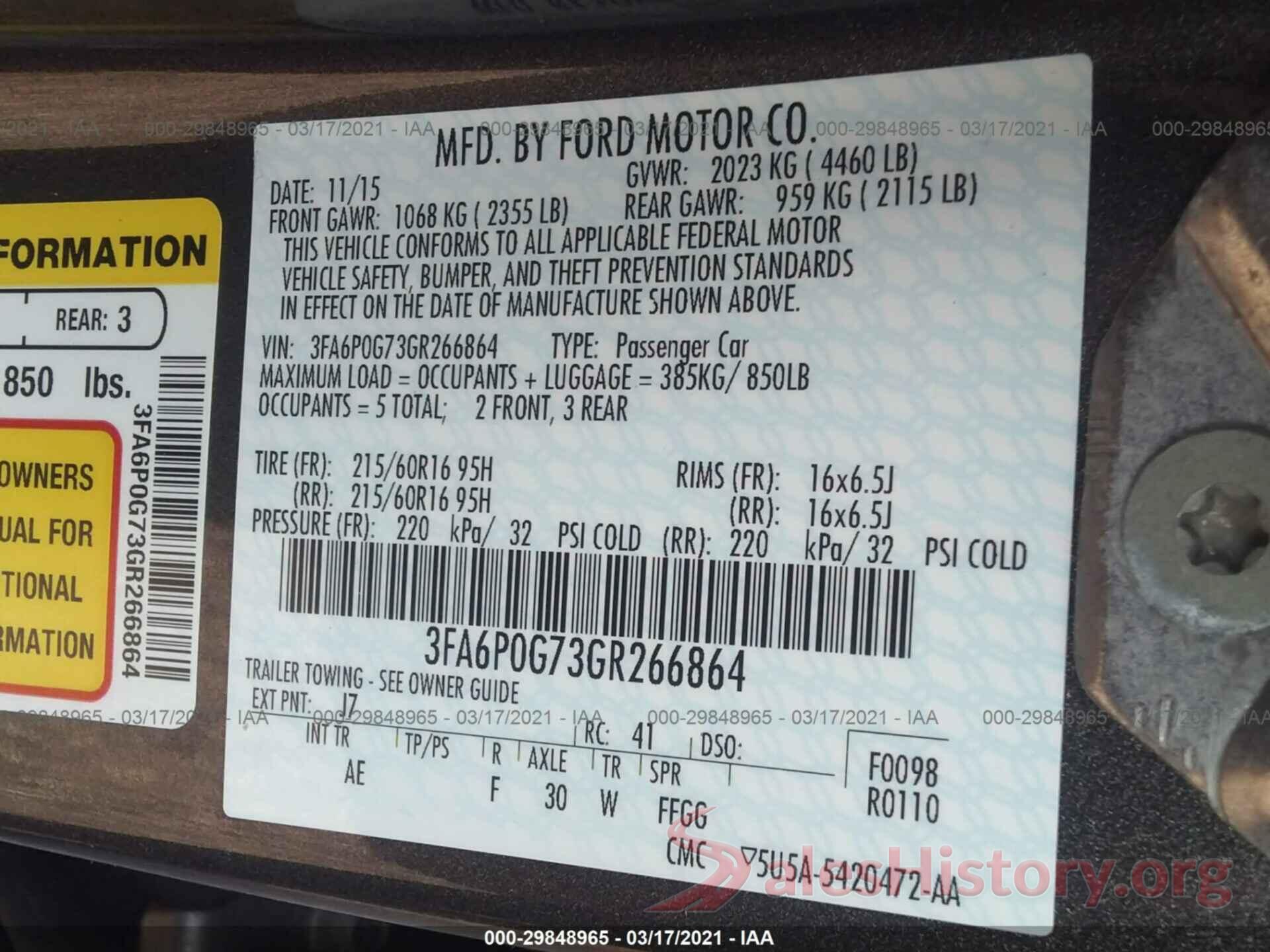 3FA6P0G73GR266864 2016 FORD FUSION