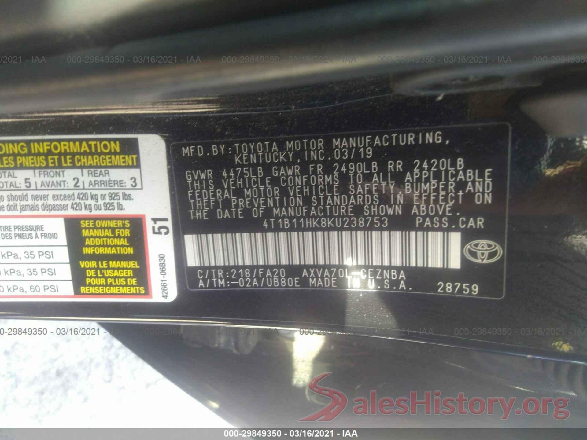 4T1B11HK8KU238753 2019 TOYOTA CAMRY