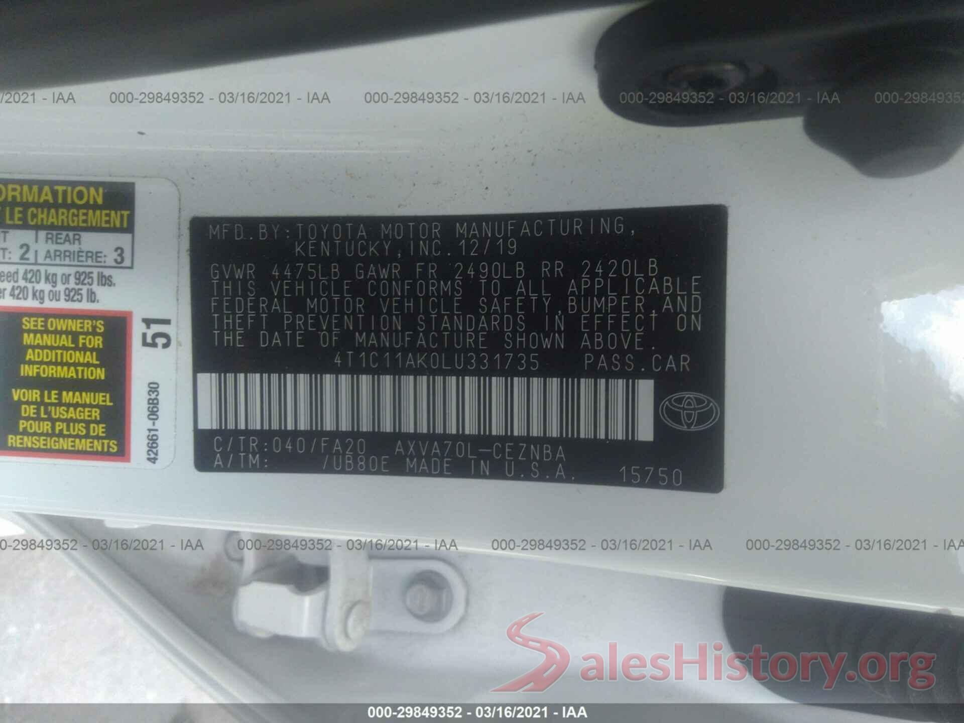 4T1C11AK0LU331735 2020 TOYOTA CAMRY