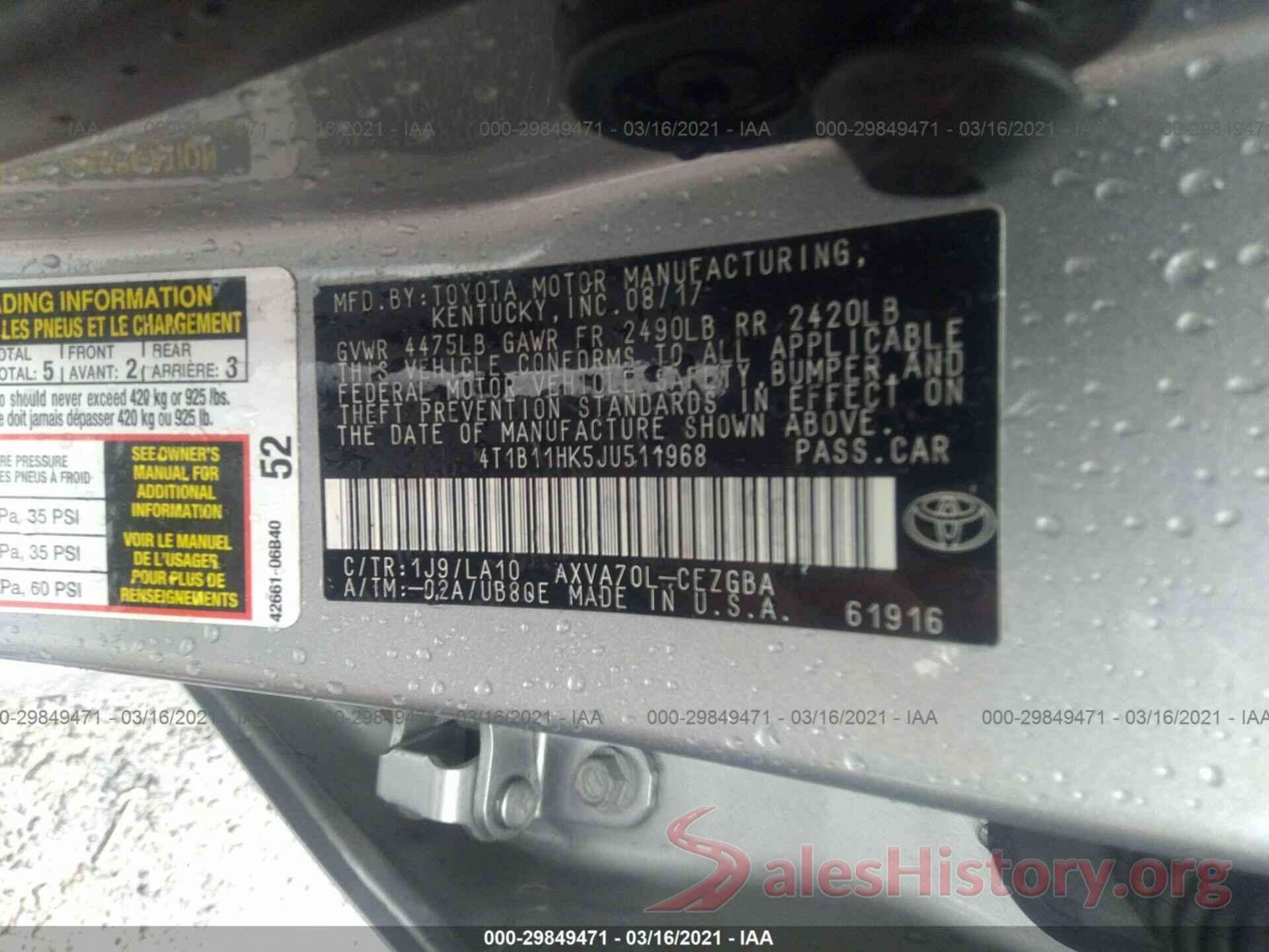 4T1B11HK5JU511968 2018 TOYOTA CAMRY