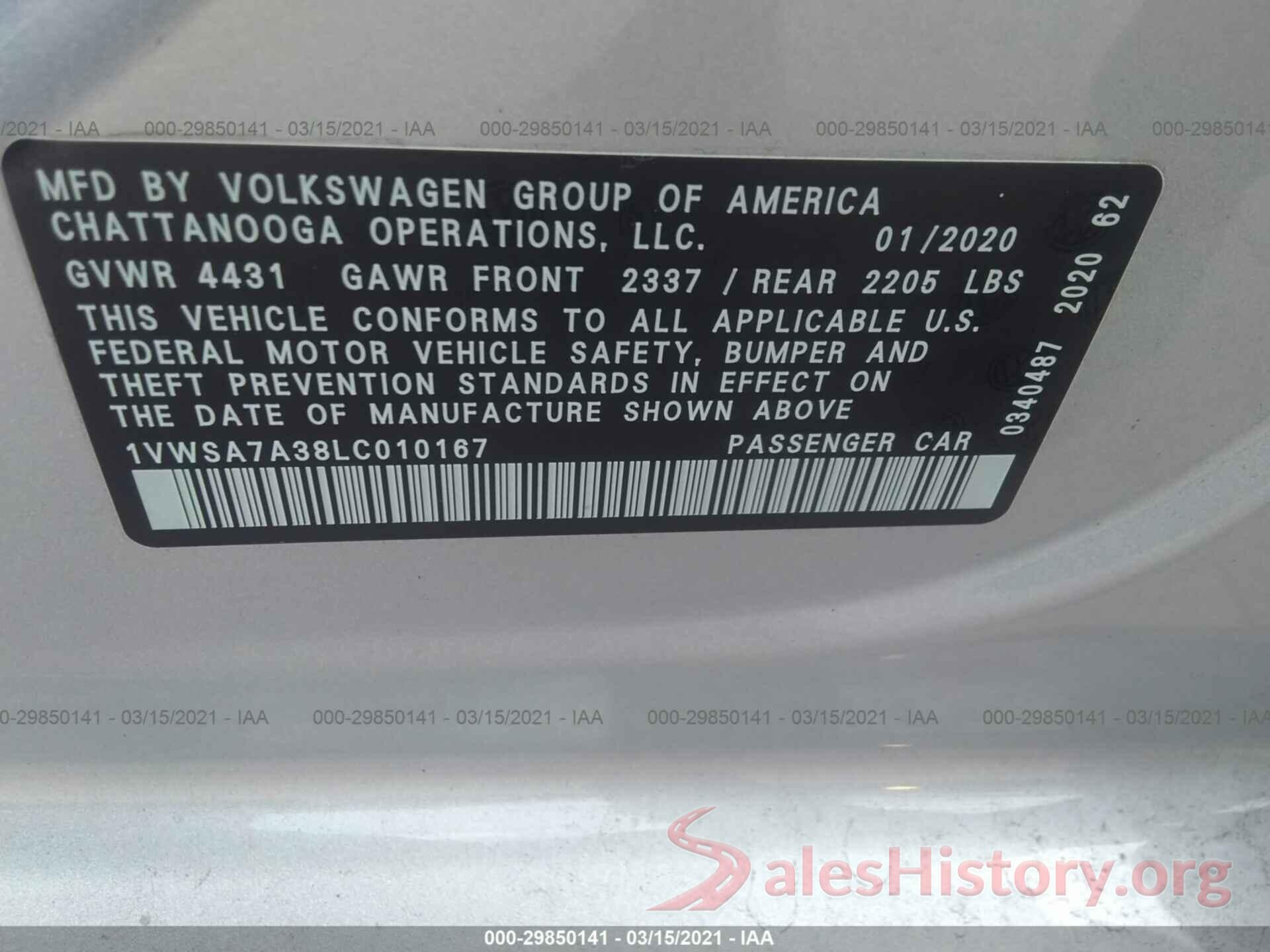 1VWSA7A38LC010167 2020 VOLKSWAGEN PASSAT