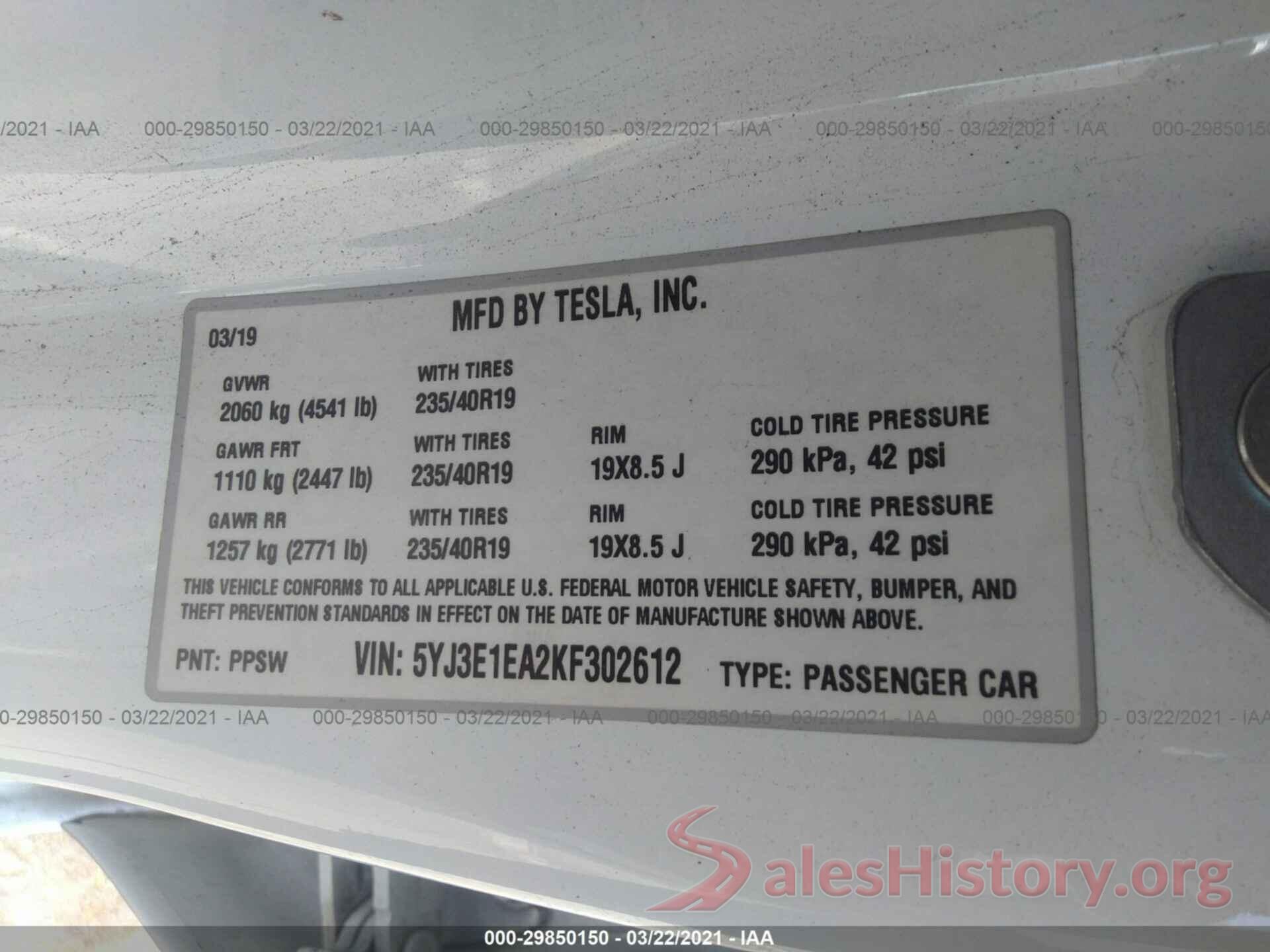 5YJ3E1EA2KF302612 2019 TESLA MODEL 3