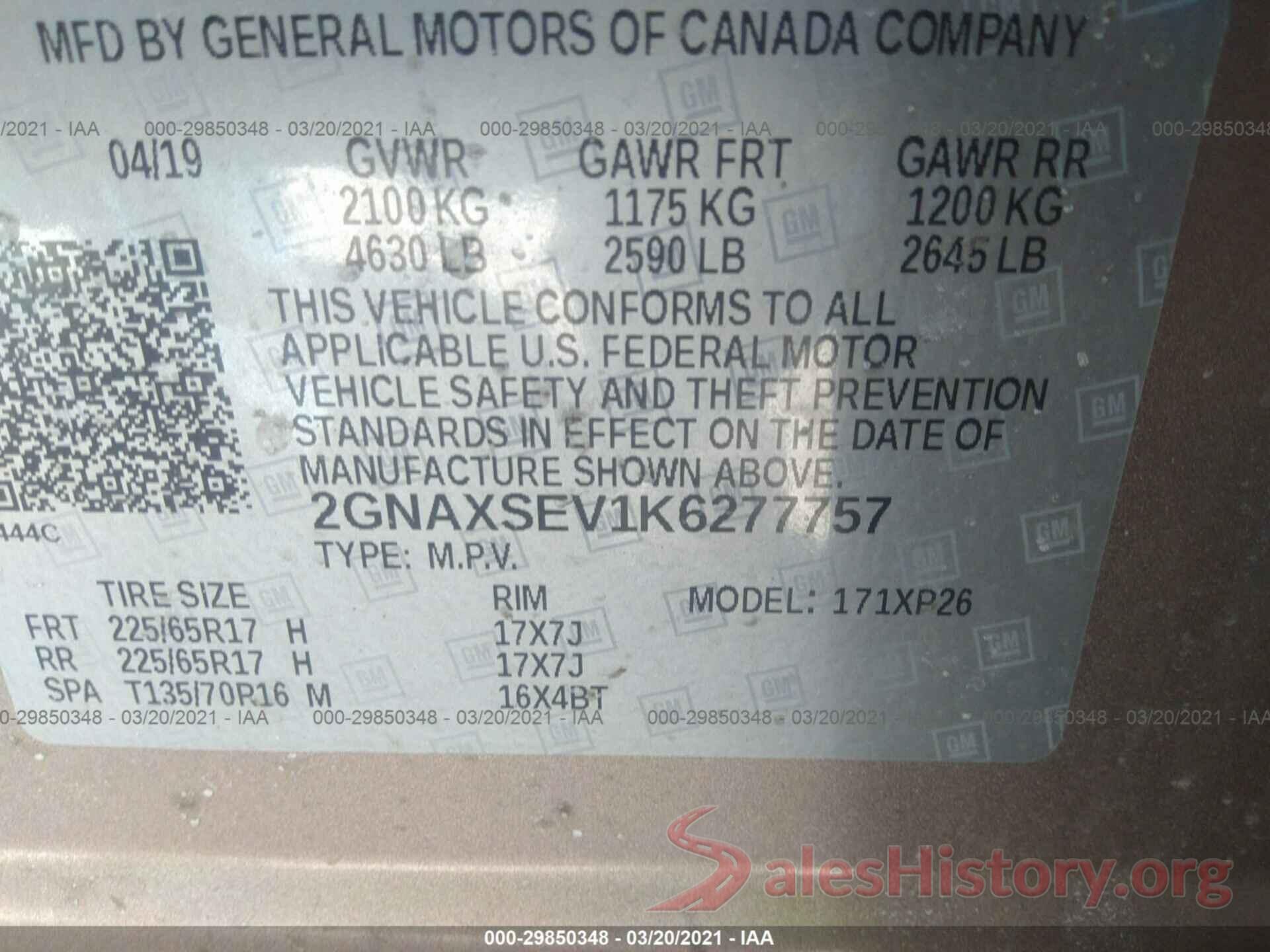 2GNAXSEV1K6277757 2019 CHEVROLET EQUINOX