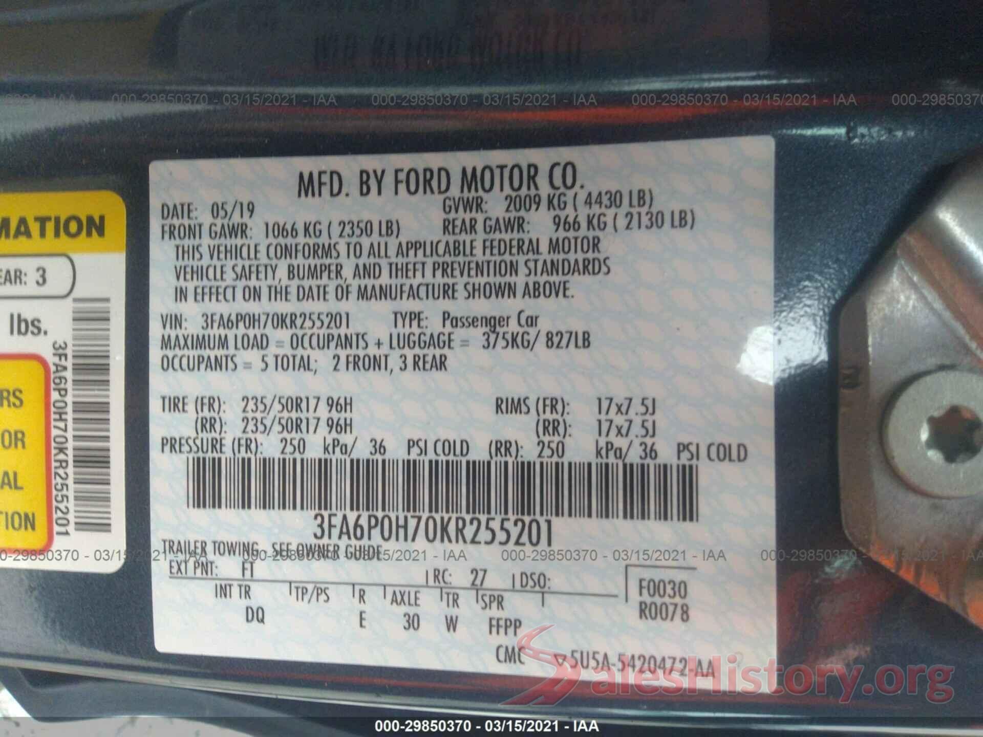 3FA6P0H70KR255201 2019 FORD FUSION