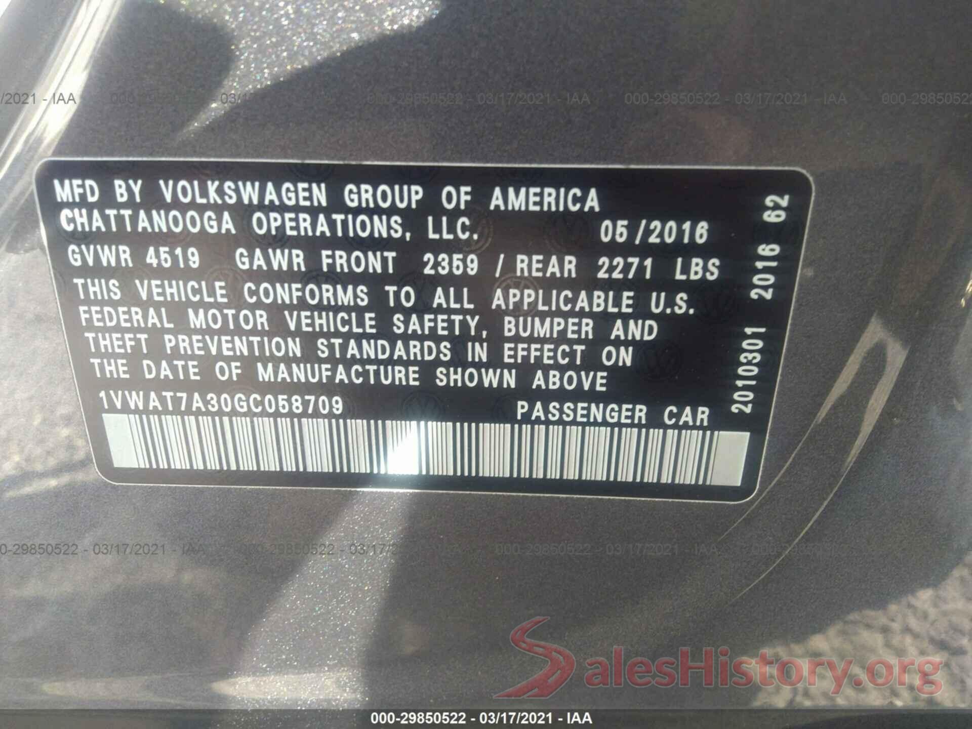 1VWAT7A30GC058709 2016 VOLKSWAGEN PASSAT