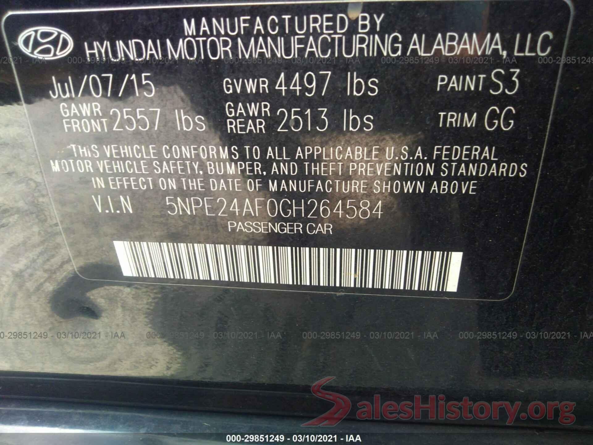 5NPE24AF0GH264584 2016 HYUNDAI SONATA