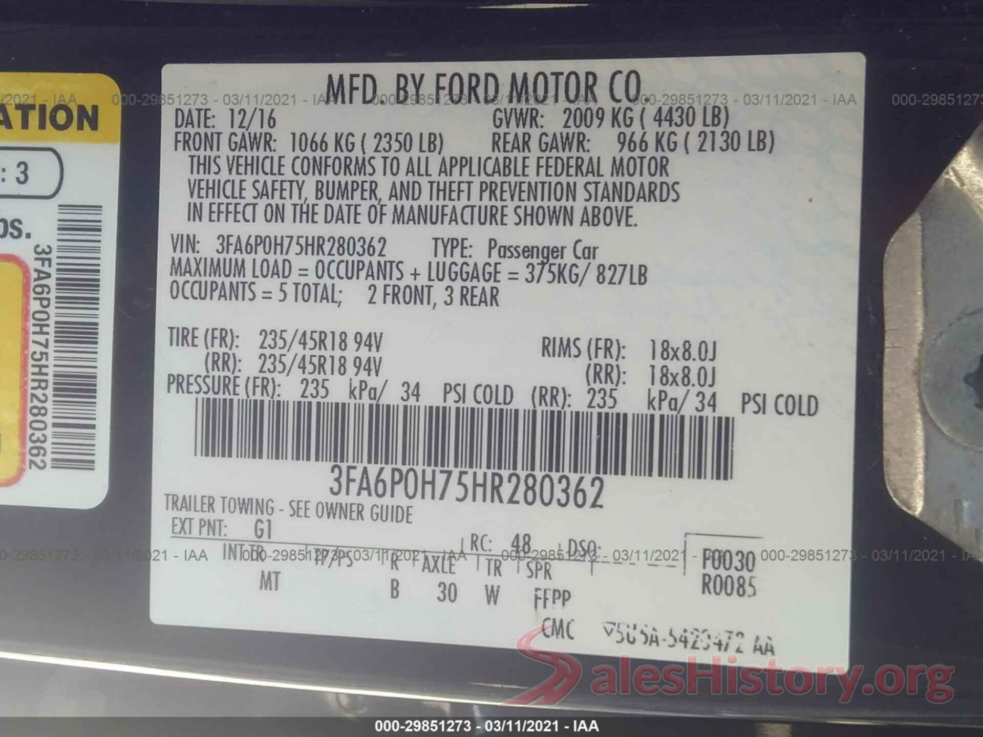 3FA6P0H75HR280362 2017 FORD FUSION