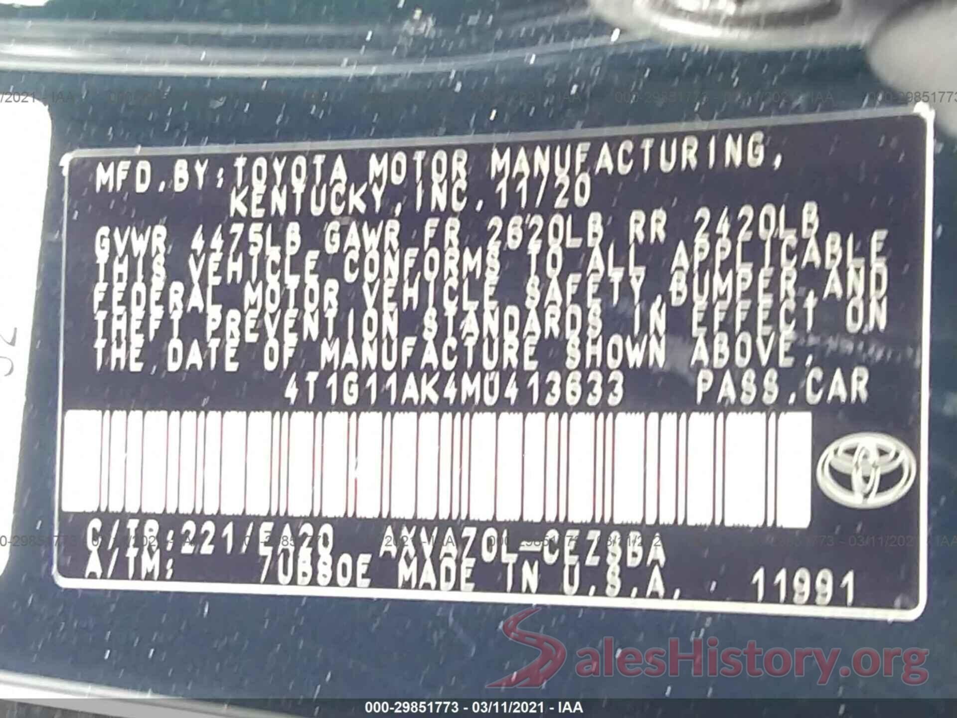 4T1G11AK4MU413633 2021 TOYOTA CAMRY