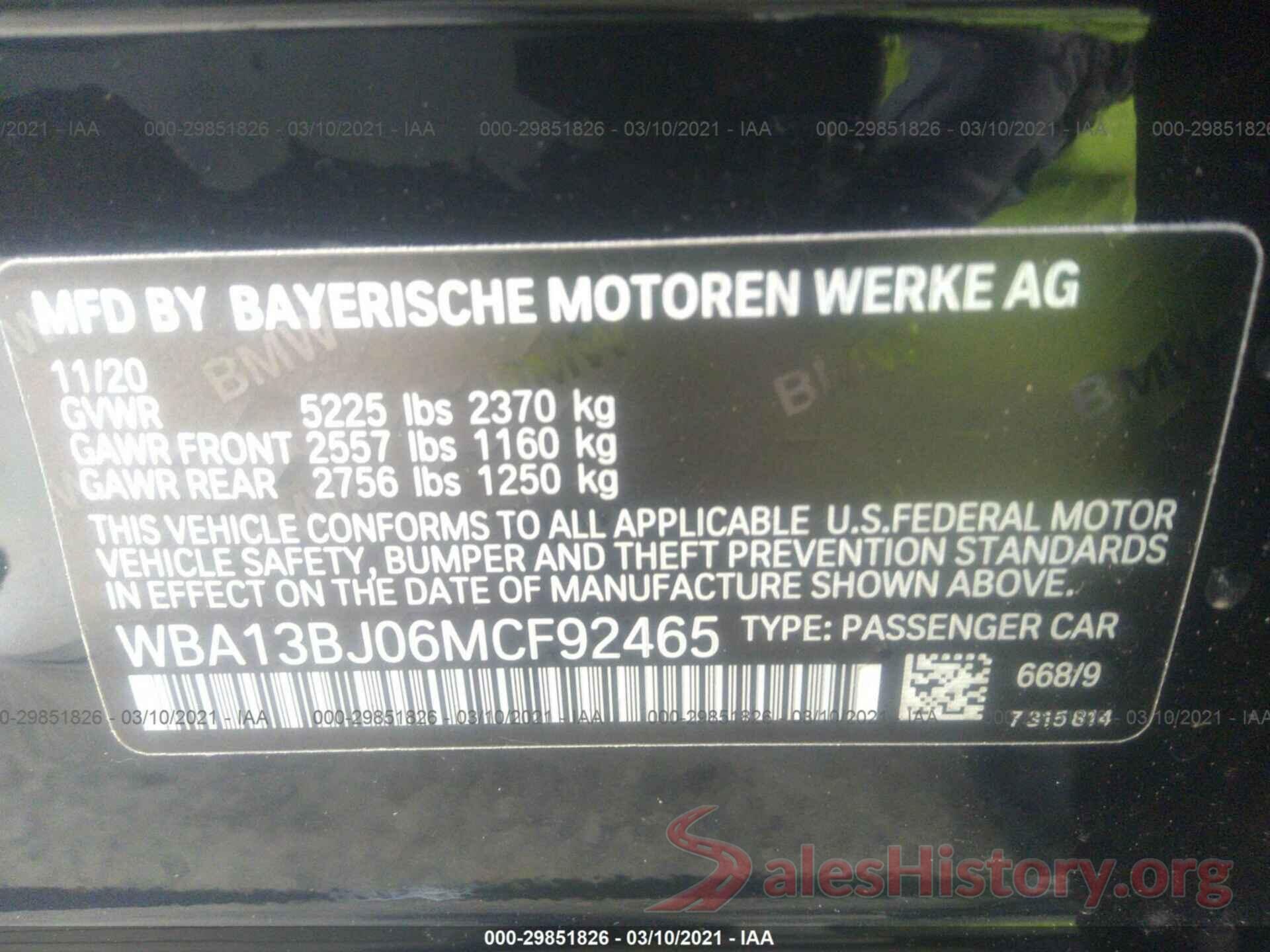 WBA13BJ06MCF92465 2021 BMW 5 SERIES