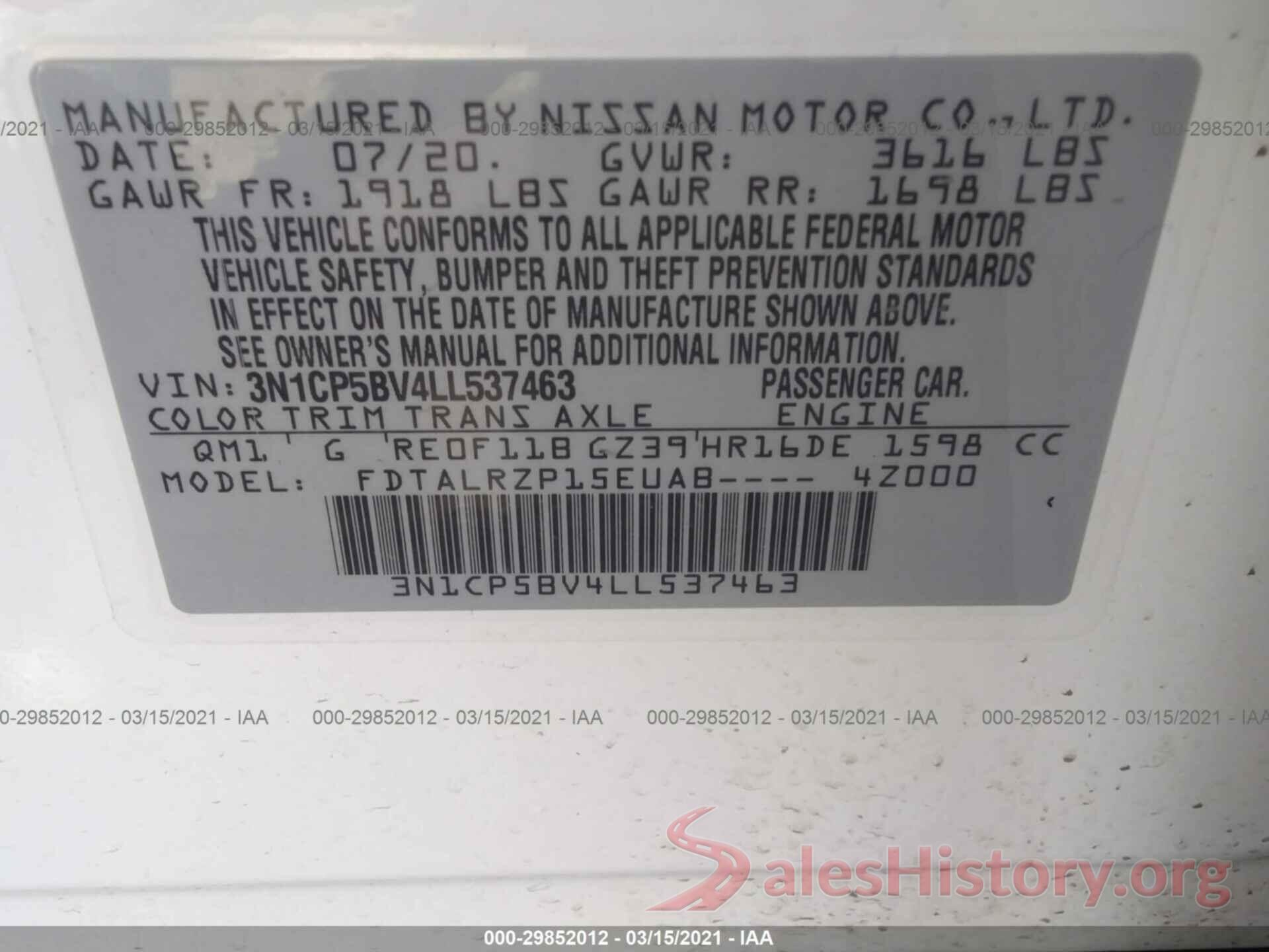 3N1CP5BV4LL537463 2020 NISSAN KICKS