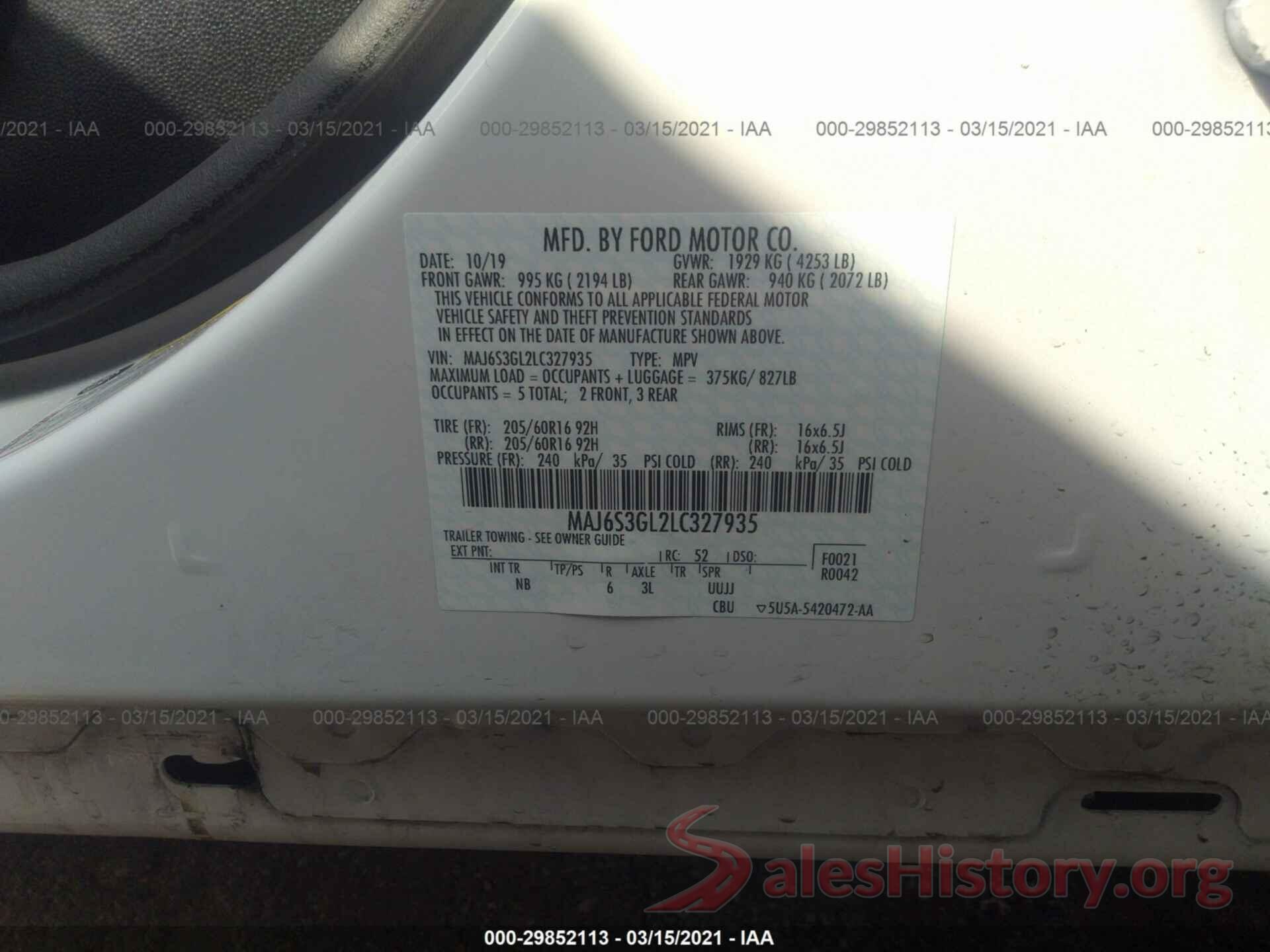 MAJ6S3GL2LC327935 2020 FORD ECOSPORT