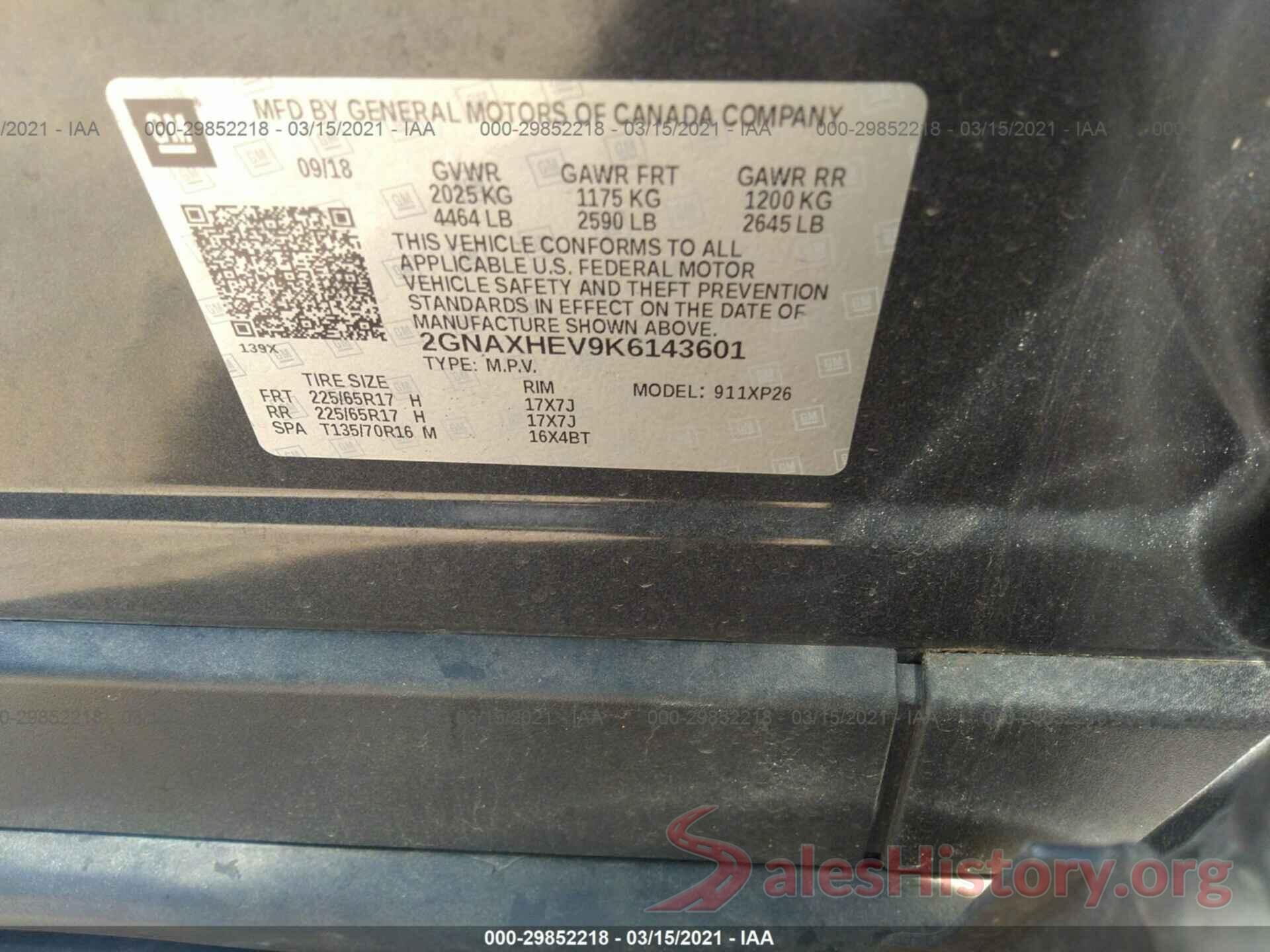 2GNAXHEV9K6143601 2019 CHEVROLET EQUINOX