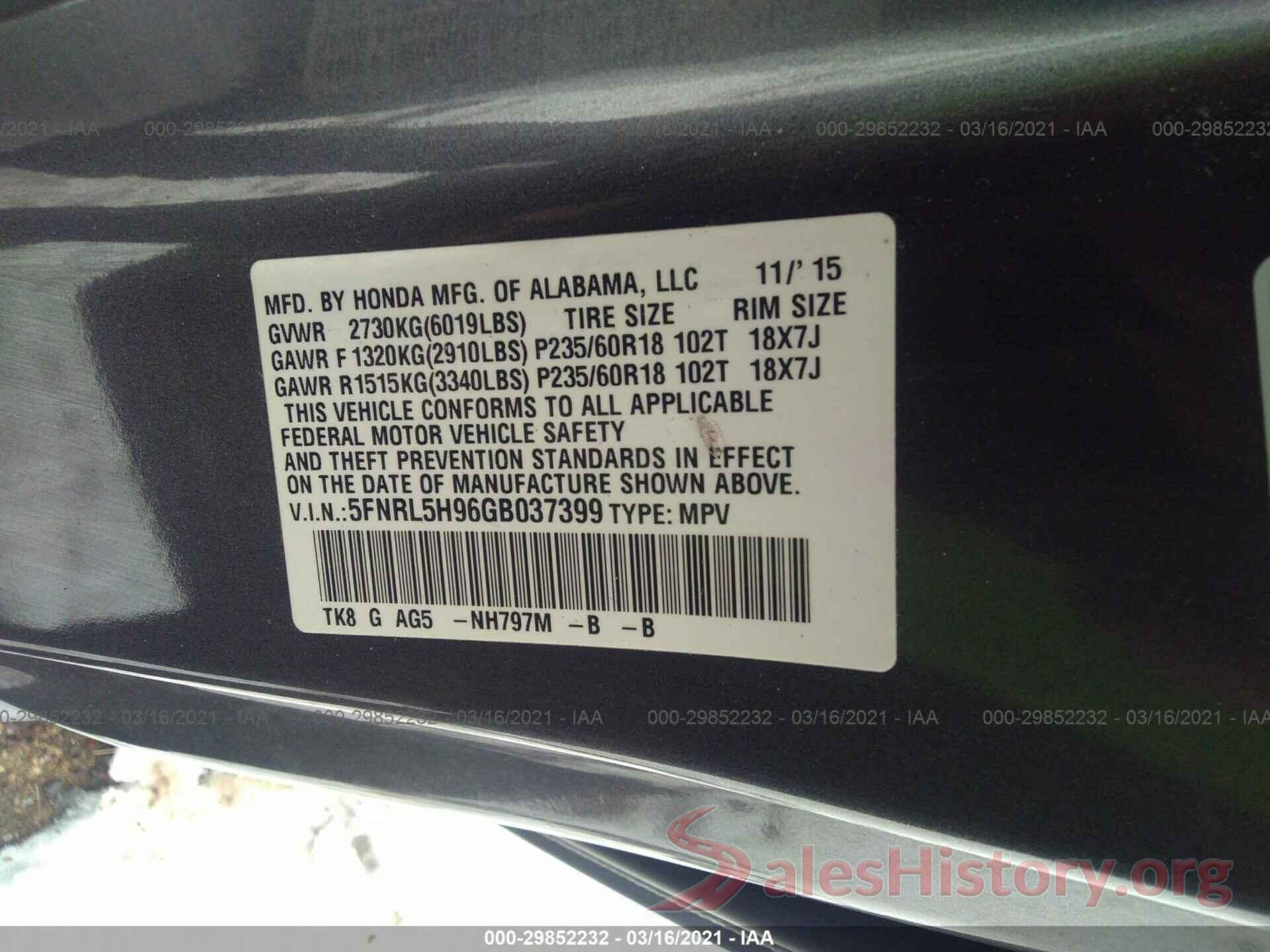 5FNRL5H96GB037399 2016 HONDA ODYSSEY