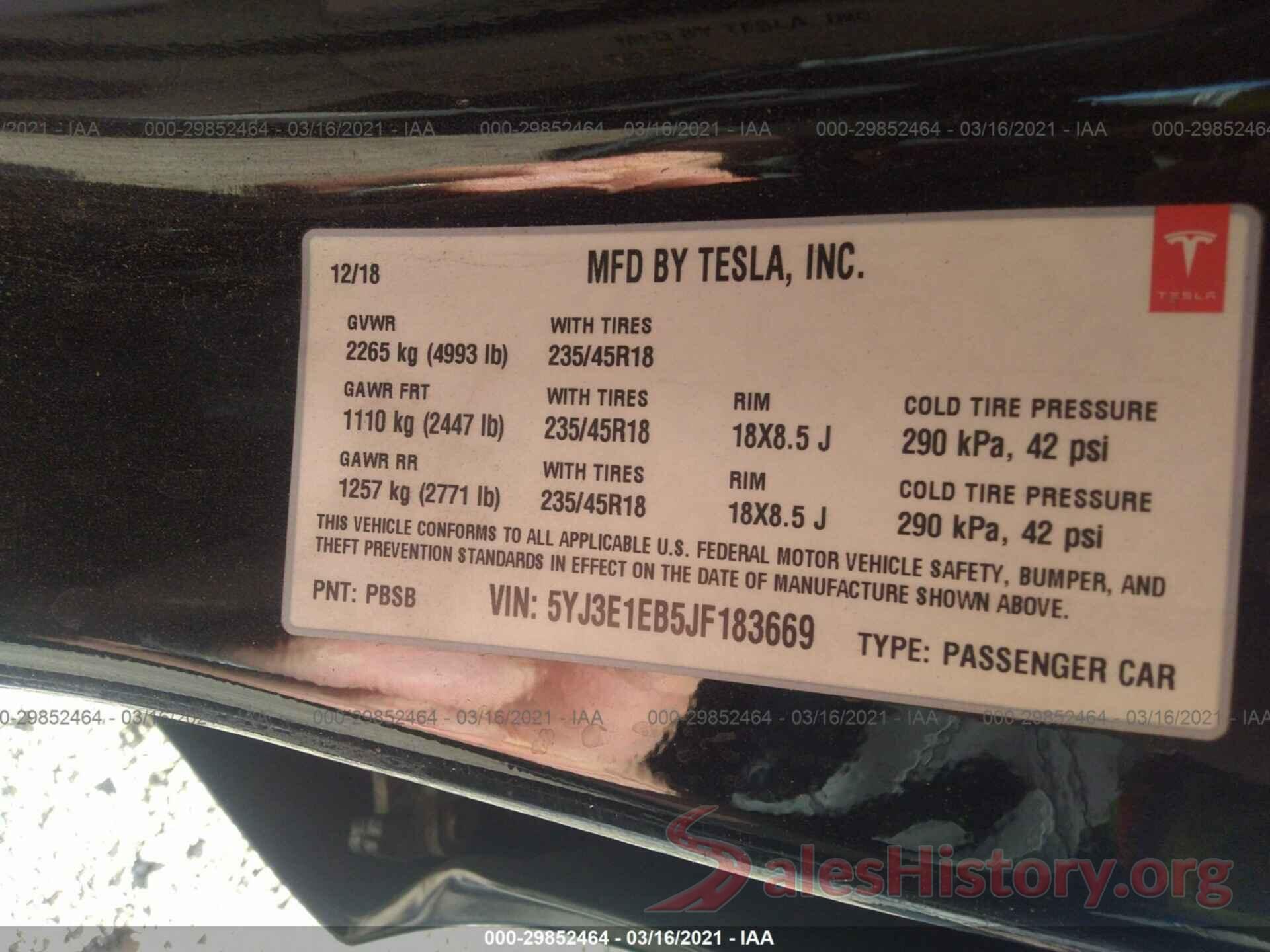 5YJ3E1EB5JF183669 2018 TESLA MODEL 3