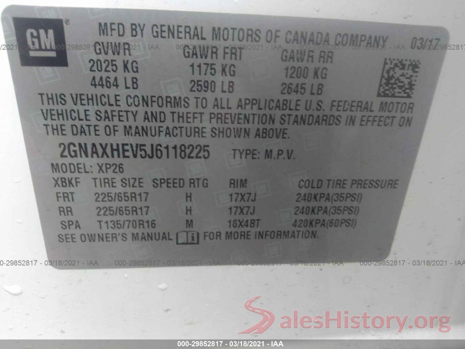 2GNAXHEV5J6118225 2018 CHEVROLET EQUINOX