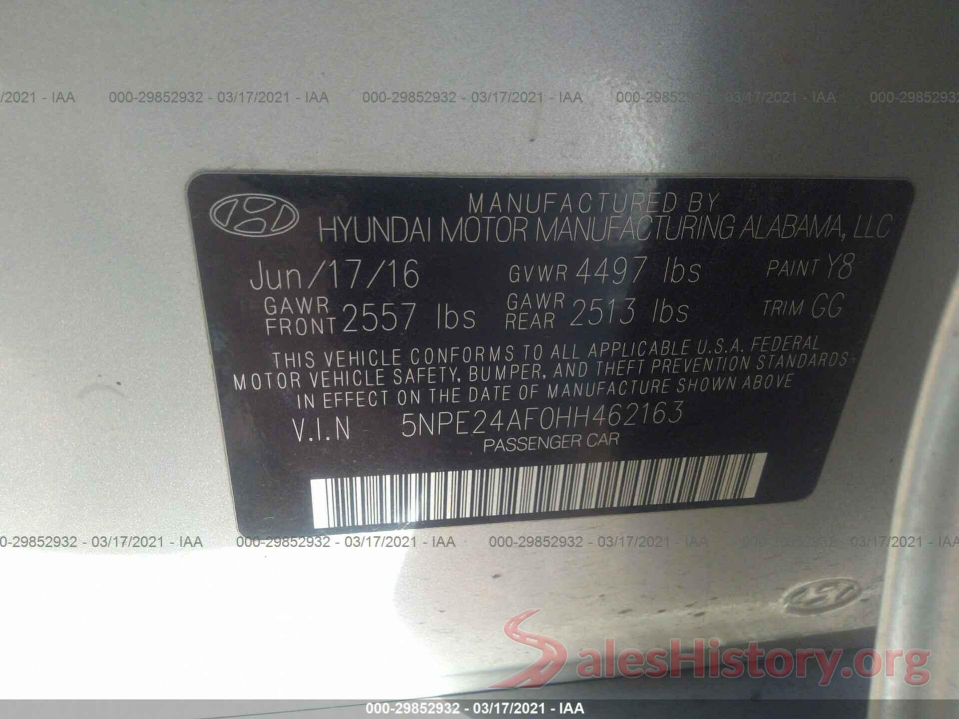 5NPE24AF0HH462163 2017 HYUNDAI SONATA