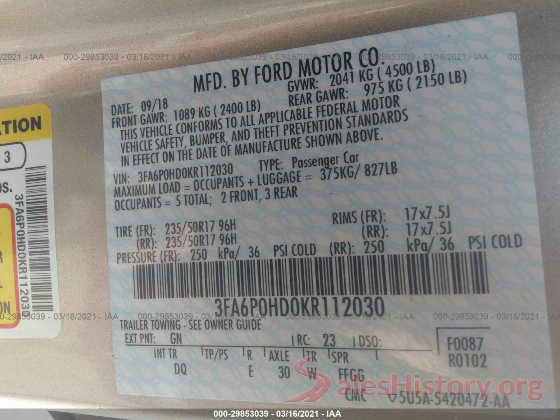 3FA6P0HD0KR112030 2019 FORD FUSION